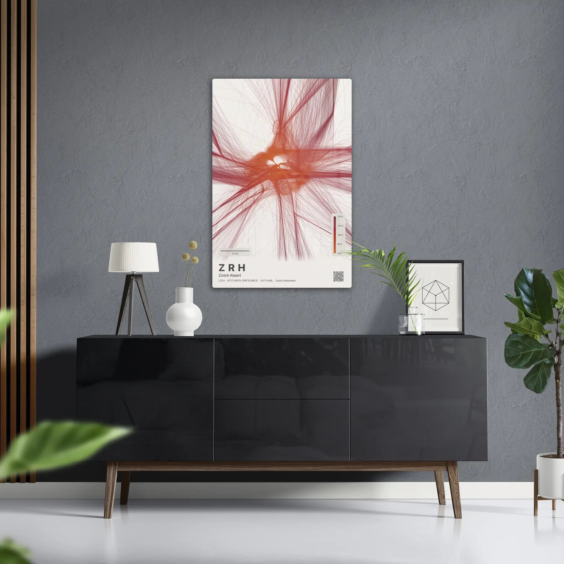 ZRH flight path print — Inferno theme · Light in foyer setting [hotspot:50]