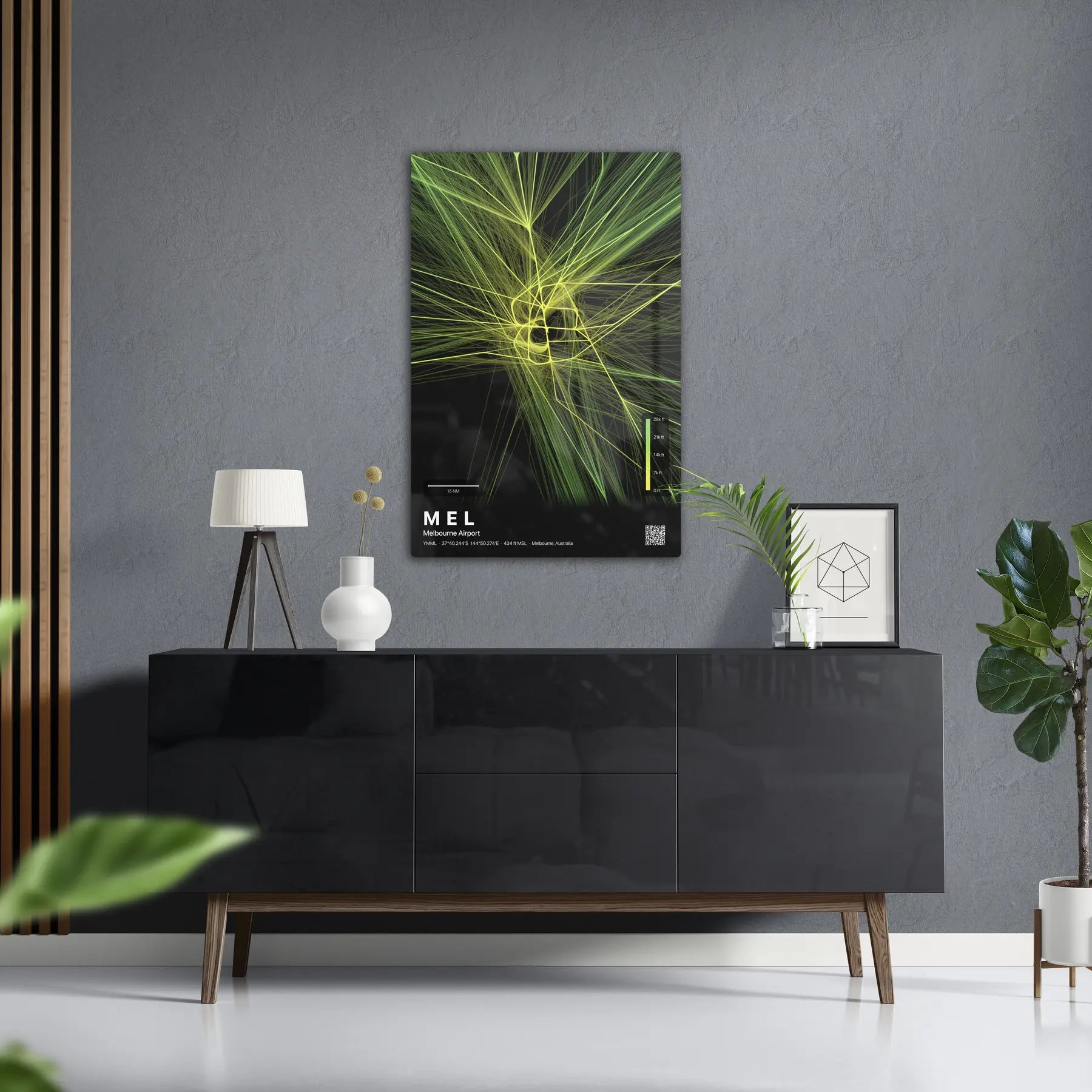 MEL flight path print — Citrus theme · Dark in foyer setting [hotspot:50]