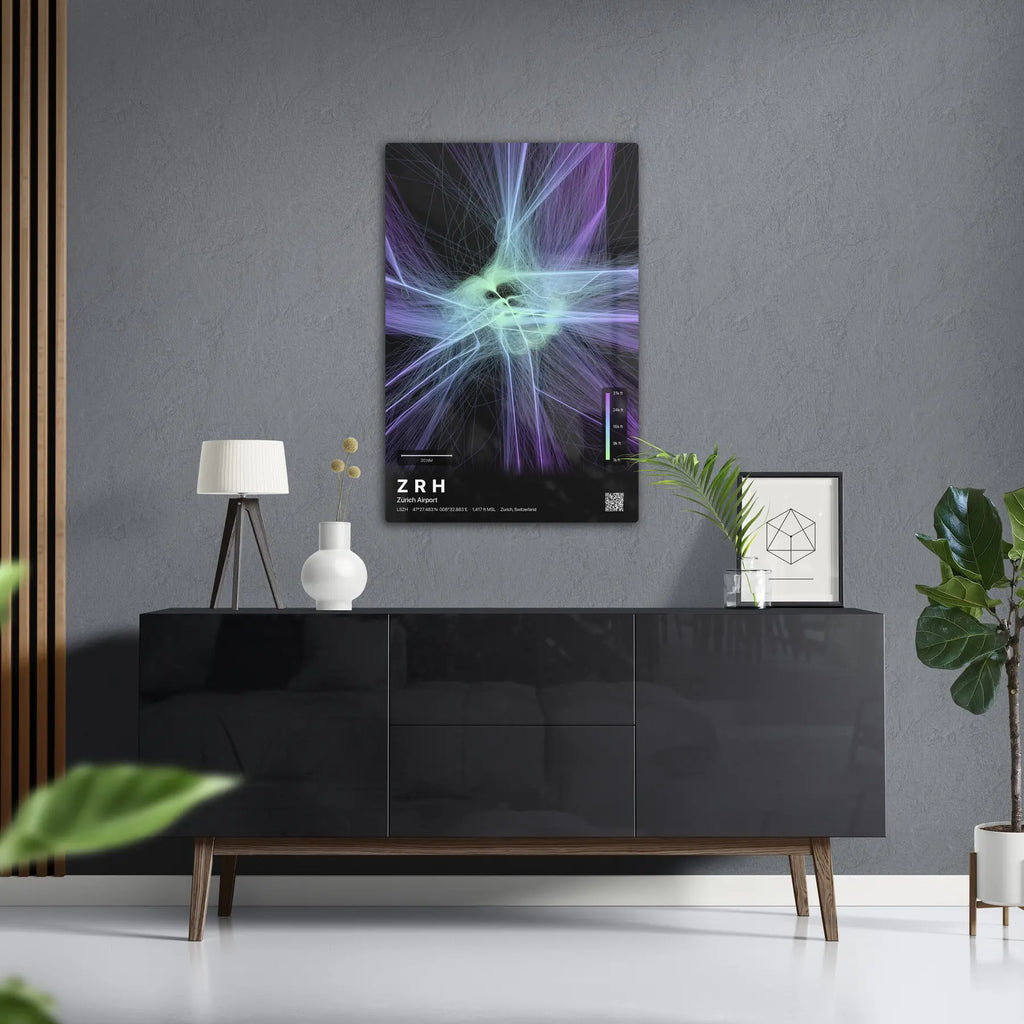 ZRH flight path print — Prism theme · Dark in foyer setting [hotspot:50]