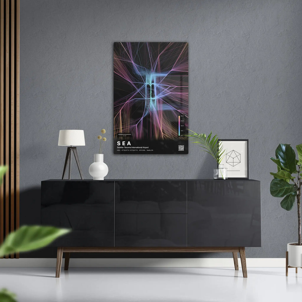 SEA flight path print — Aurora theme · Dark in foyer setting [hotspot:50]