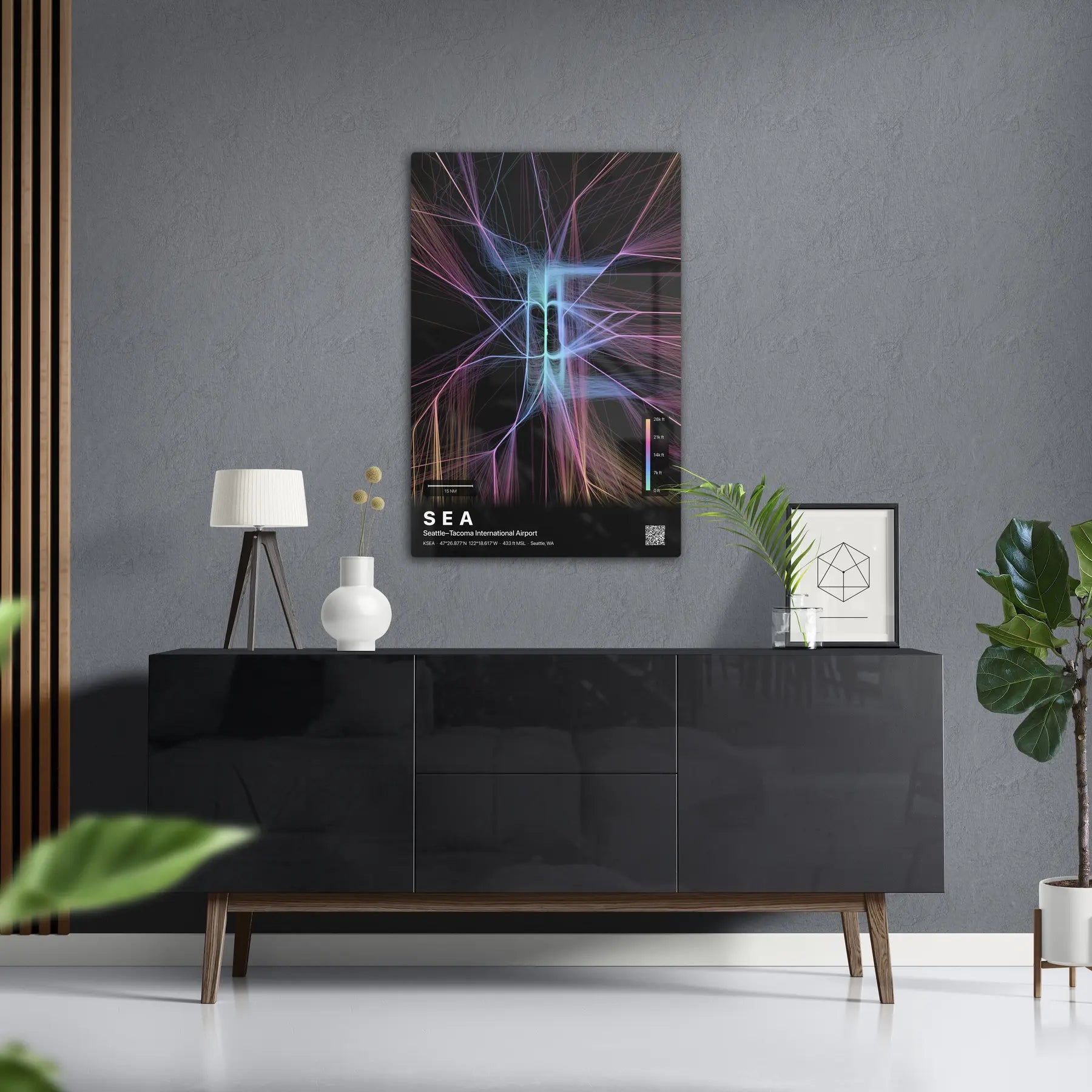 SEA flight path print — Aurora theme · Dark in foyer setting [hotspot:50]