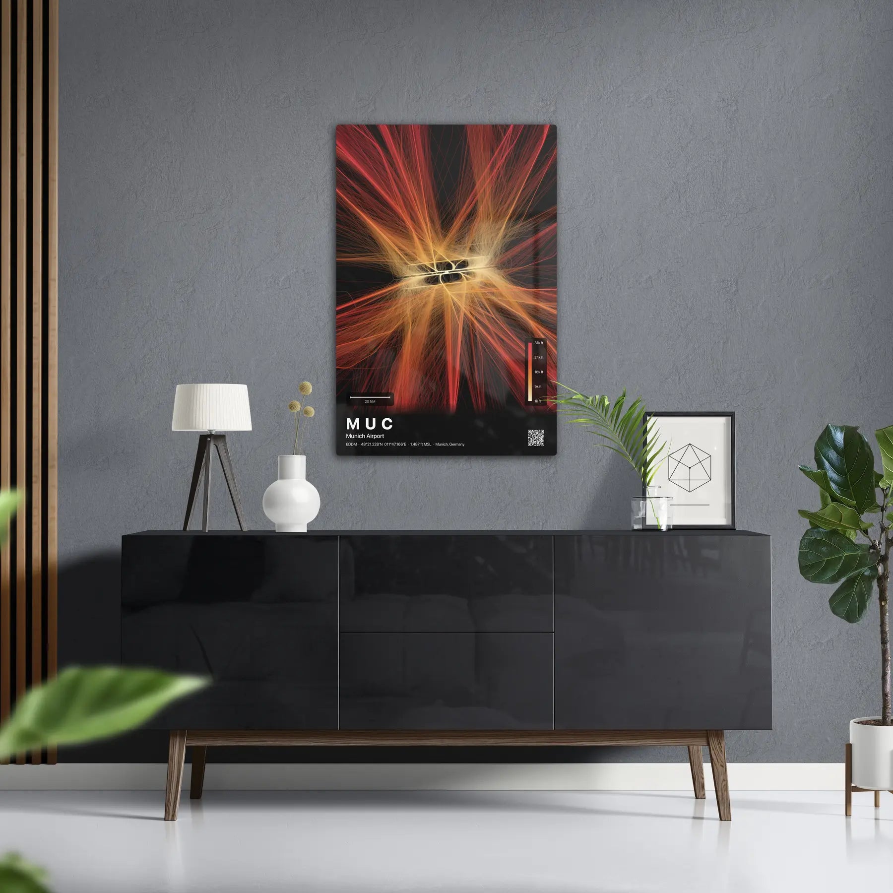 MUC flight path print — Inferno theme · Dark in foyer setting [hotspot:50]