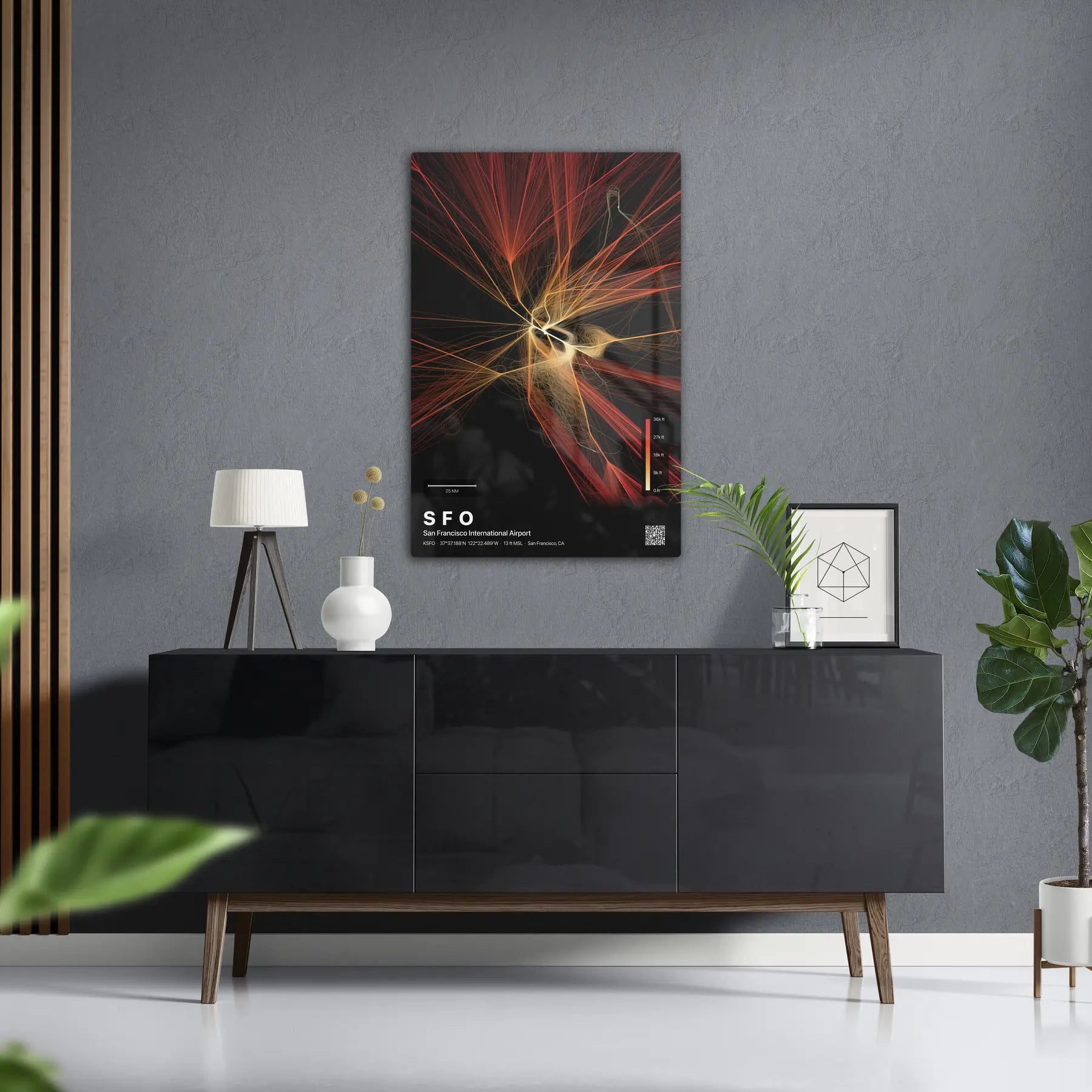 SFO flight path print — Inferno theme · Dark in foyer setting [hotspot:50]