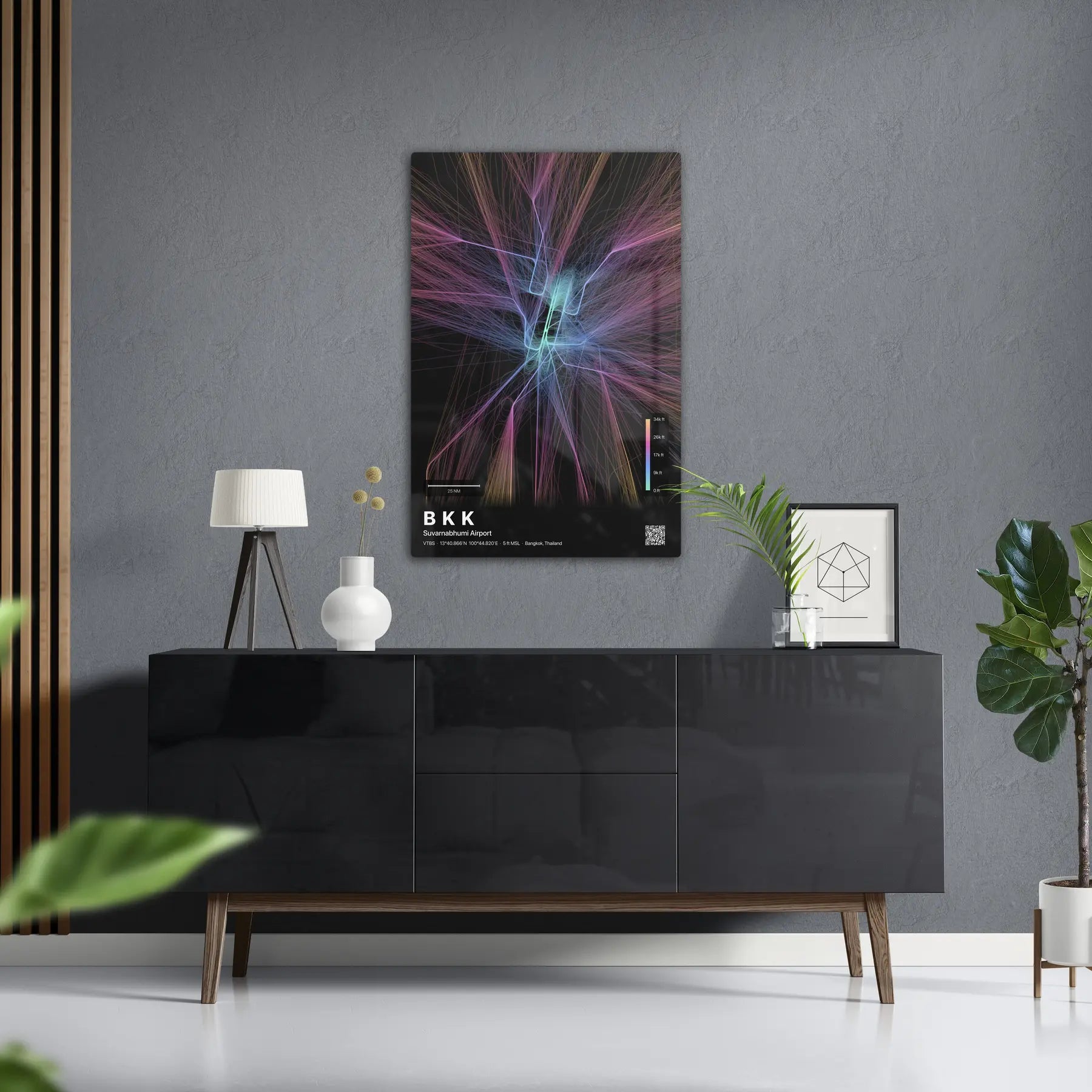 BKK flight path print — Aurora theme · Dark in foyer setting [hotspot:50]