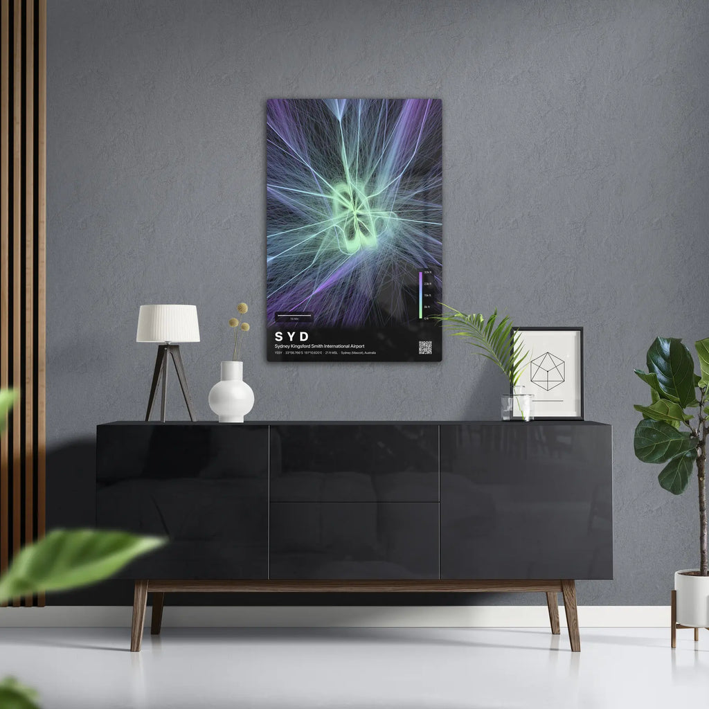 SYD flight path print — Prism theme · Dark in foyer setting [hotspot:50]