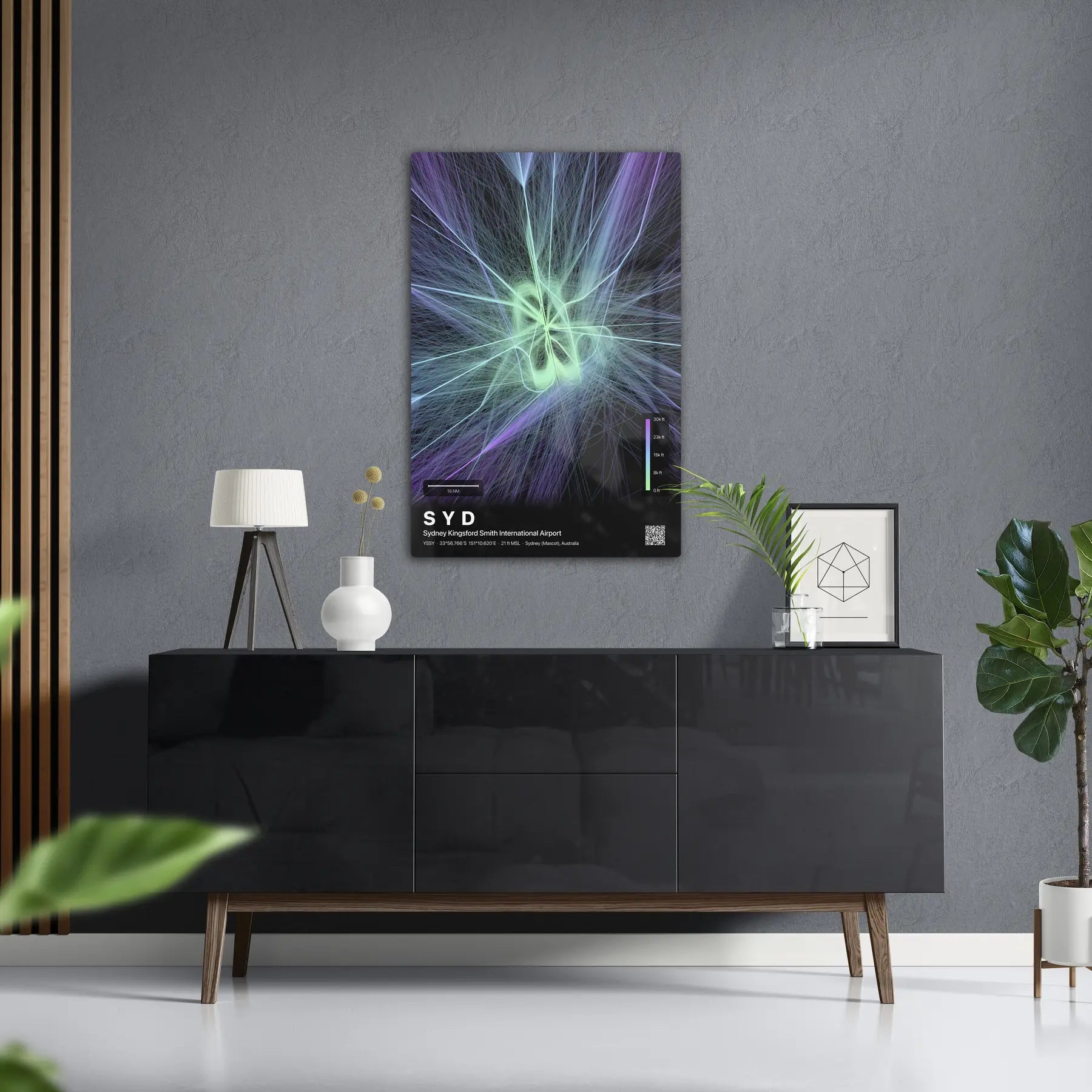 SYD flight path print — Prism theme · Dark in foyer setting [hotspot:50]