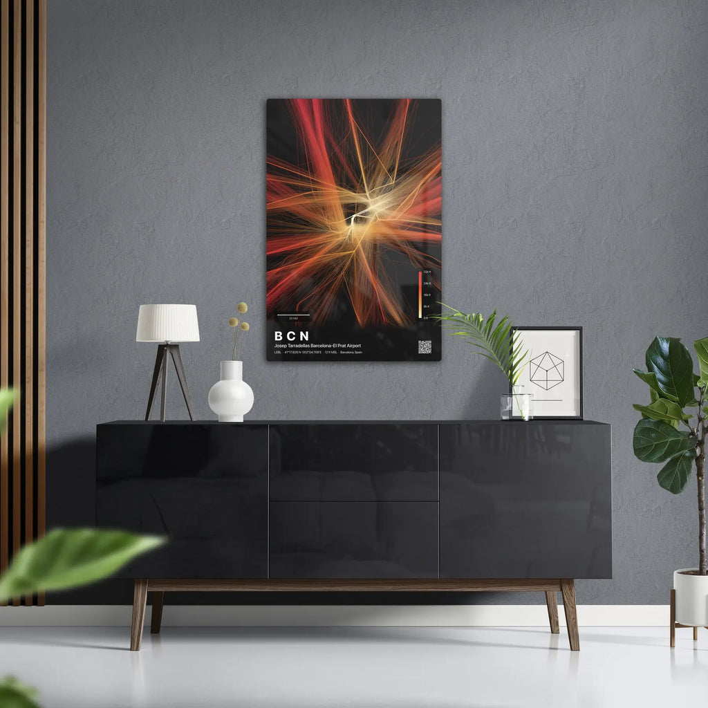 BCN flight path print — Inferno theme · Dark in foyer setting [hotspot:50]