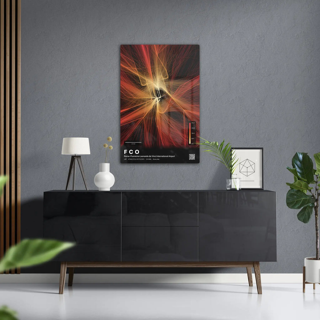 FCO flight path print — Inferno theme · Dark in foyer setting [hotspot:50]