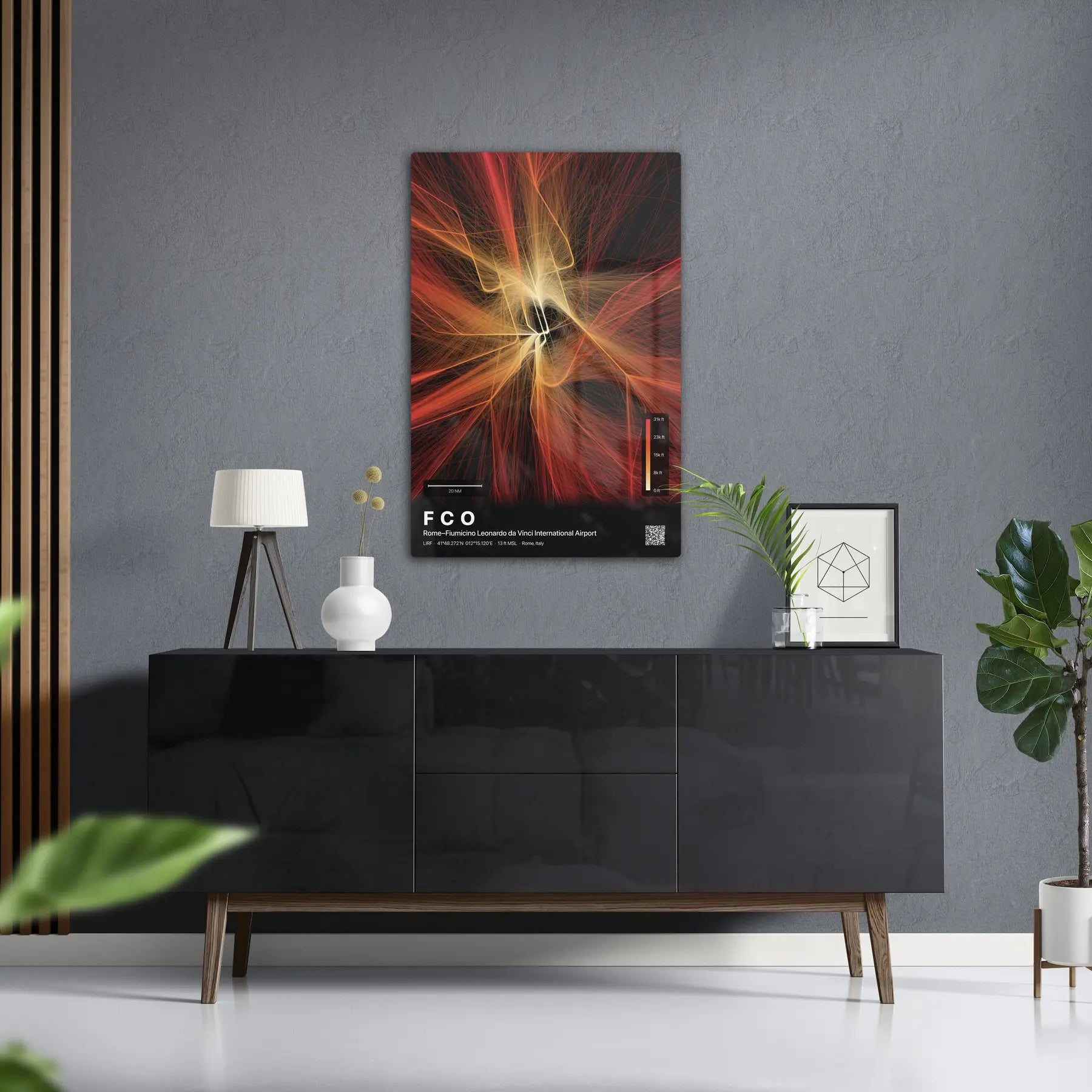 FCO flight path print — Inferno theme · Dark in foyer setting [hotspot:50]