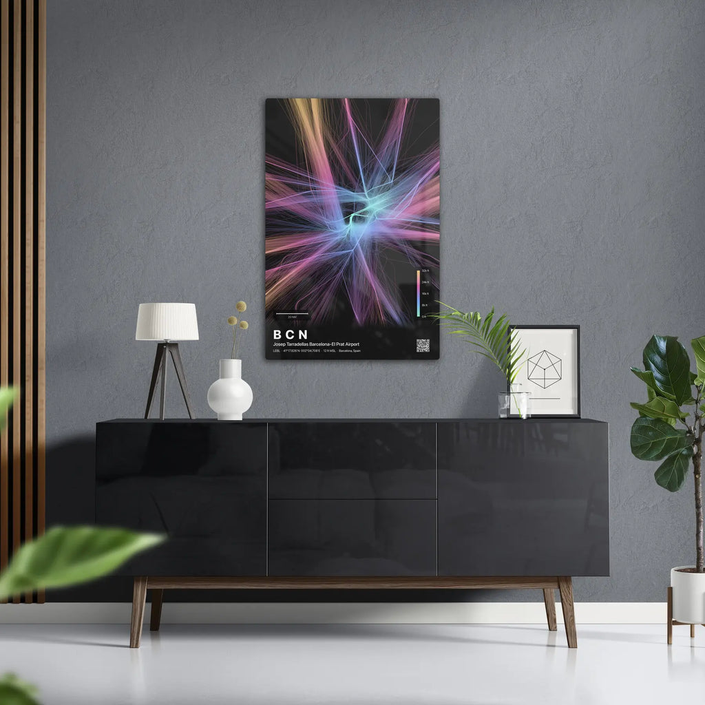 BCN flight path print — Aurora theme · Dark in foyer setting [hotspot:50]
