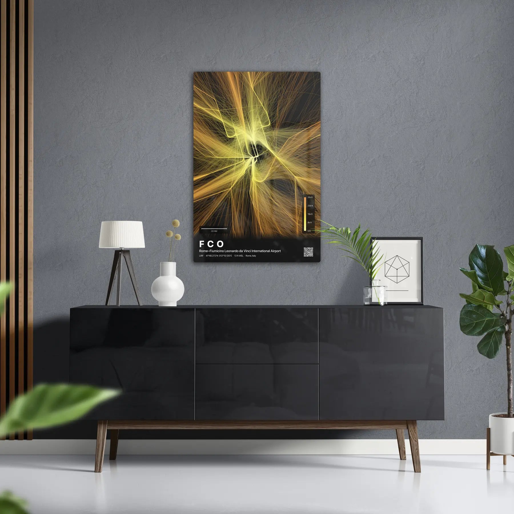 FCO flight path print — Solana theme · Dark in foyer setting [hotspot:50]