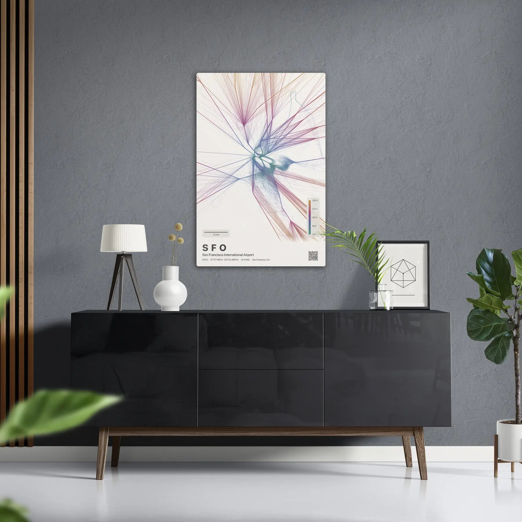 SFO flight path print — Aurora theme · Light in foyer setting [hotspot:50]