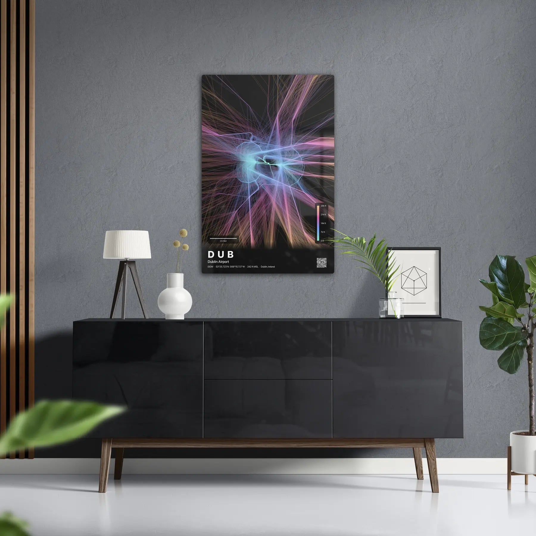 DUB flight path print — Aurora theme · Dark in foyer setting [hotspot:50]