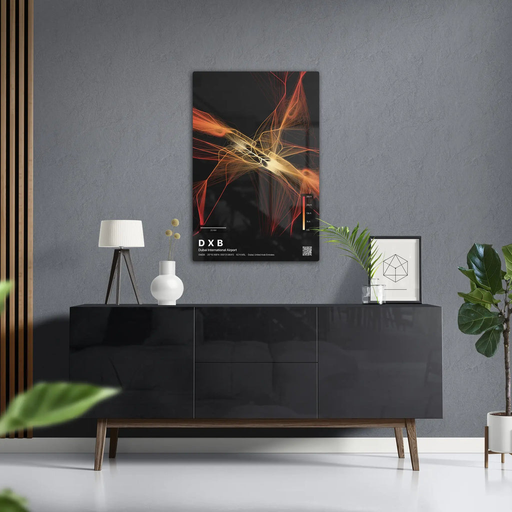 DXB flight path print — Inferno theme · Dark in foyer setting [hotspot:50]