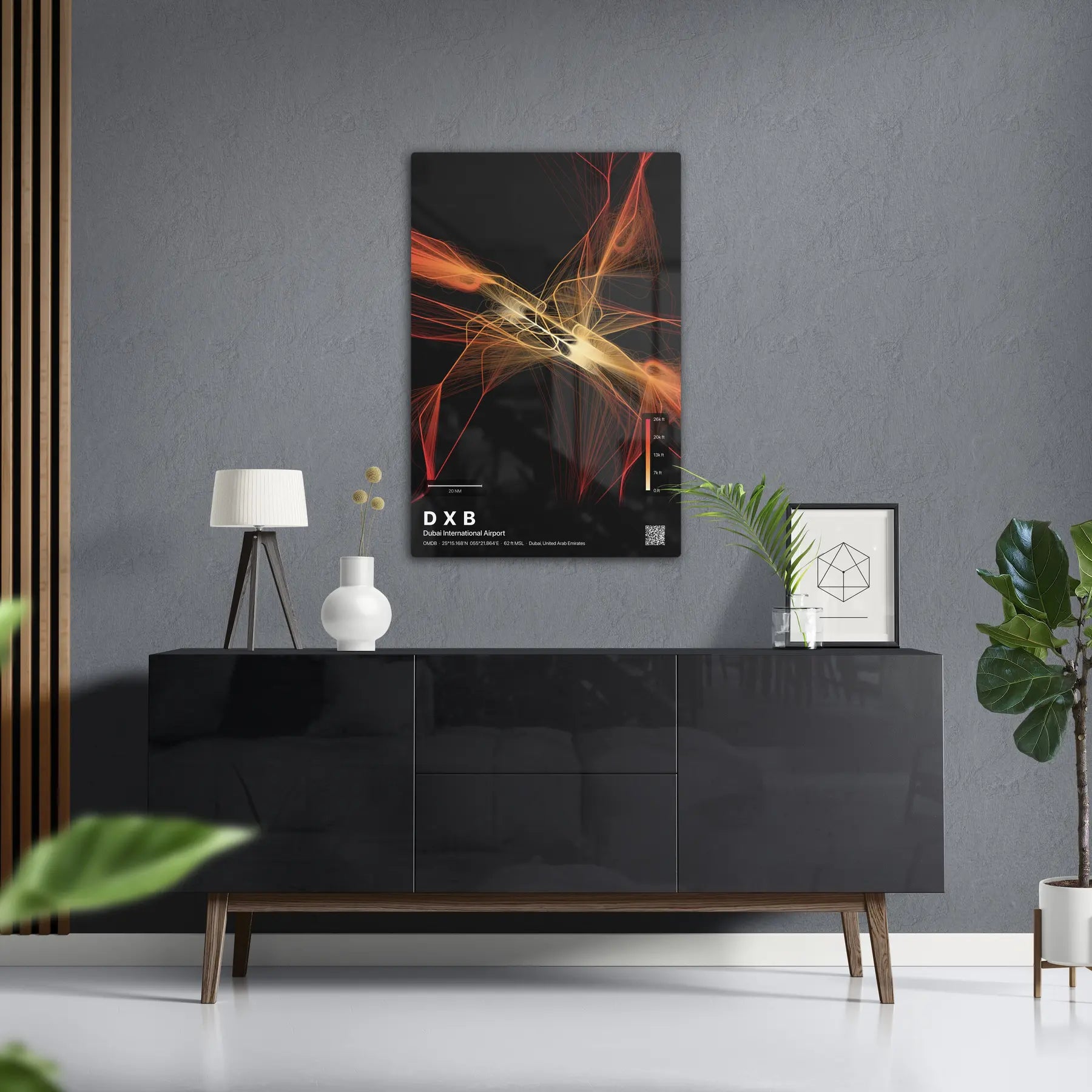 DXB flight path print — Inferno theme · Dark in foyer setting [hotspot:50]