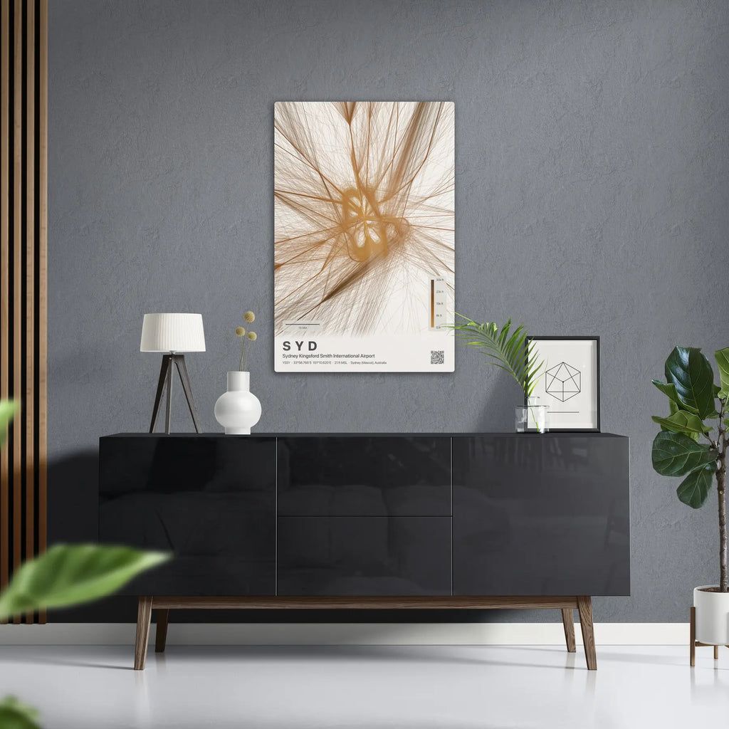 SYD flight path print — Solana theme · Light in foyer setting [hotspot:50]