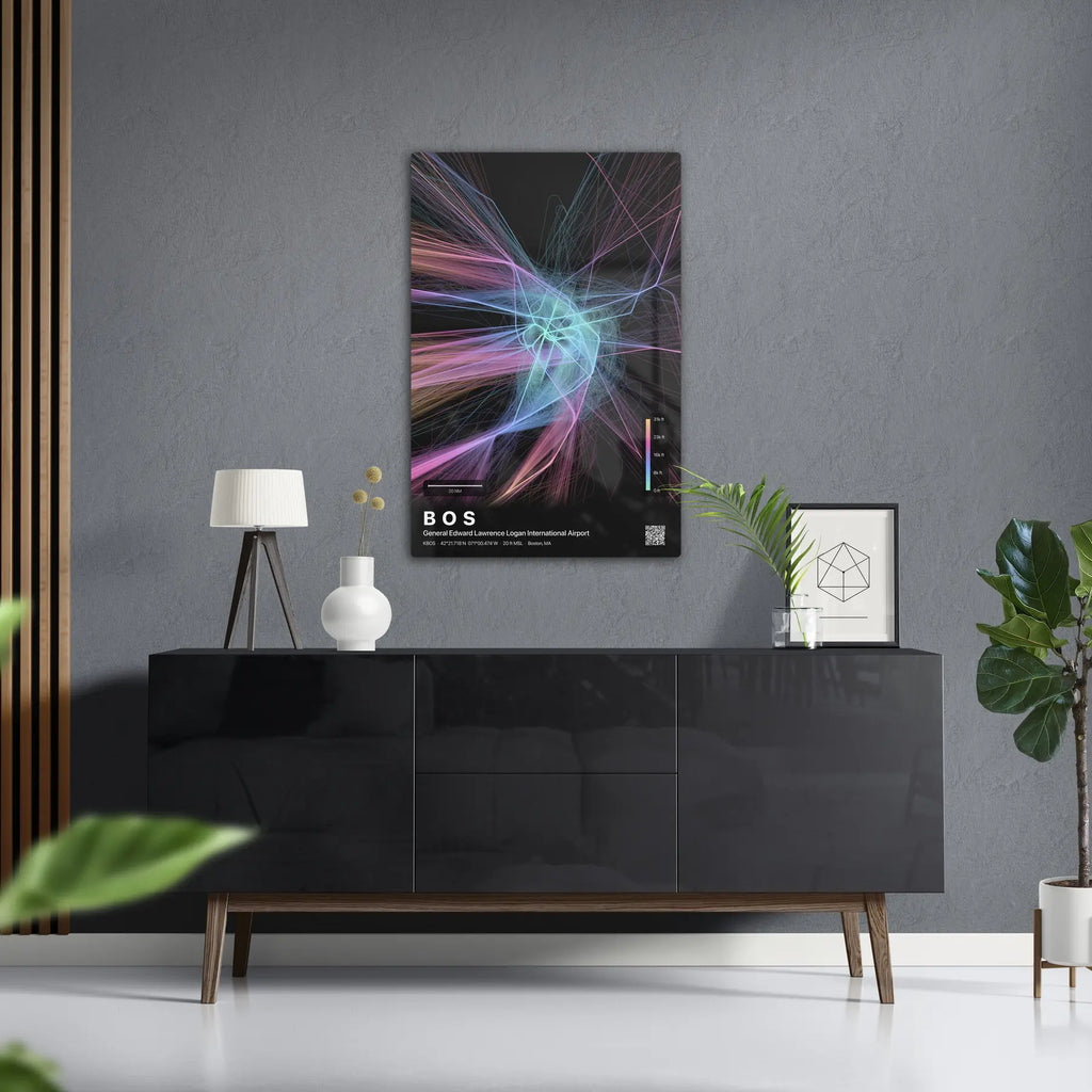 BOS flight path print — Aurora theme · Dark in foyer setting [hotspot:50]