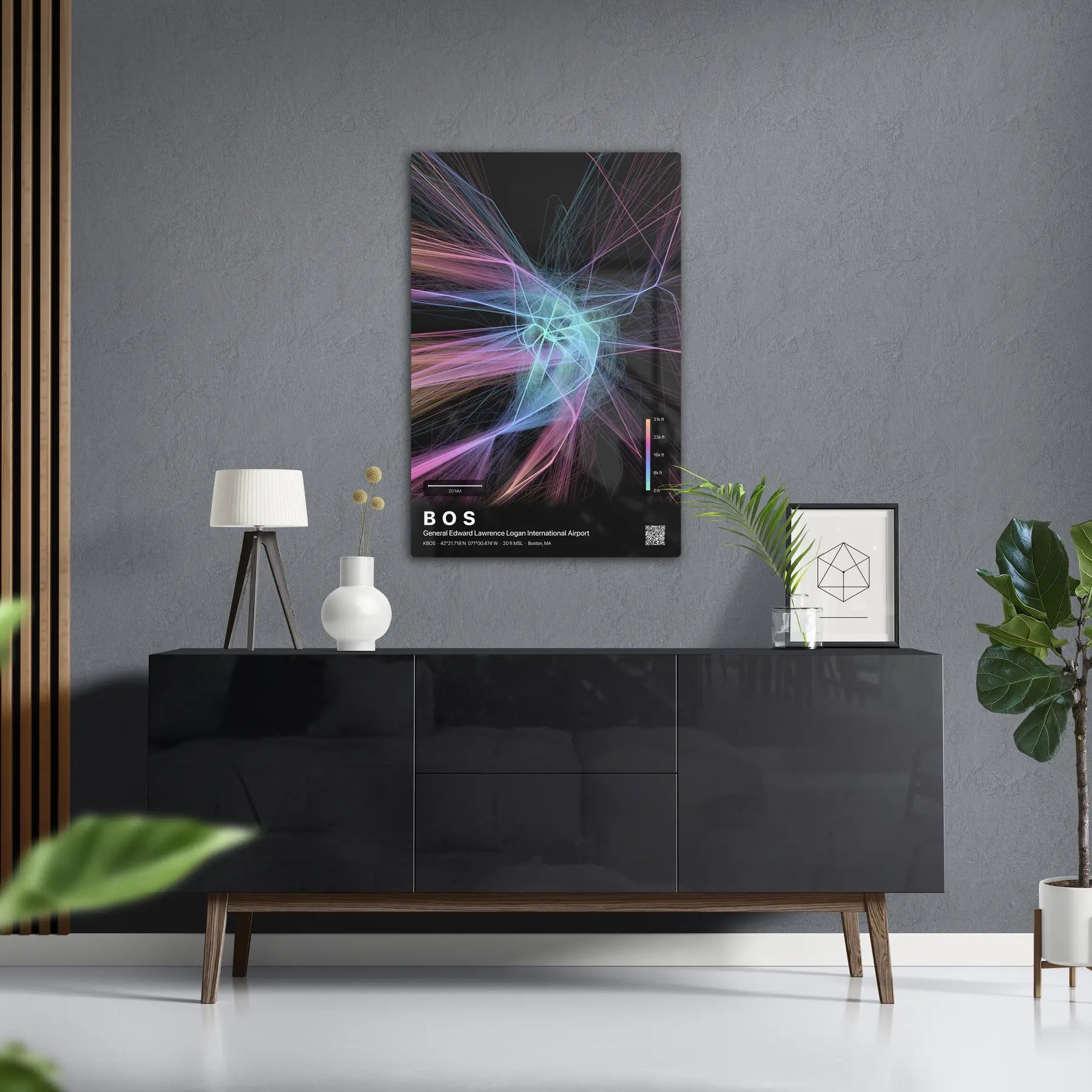 BOS flight path print — Aurora theme · Dark in foyer setting [hotspot:50]