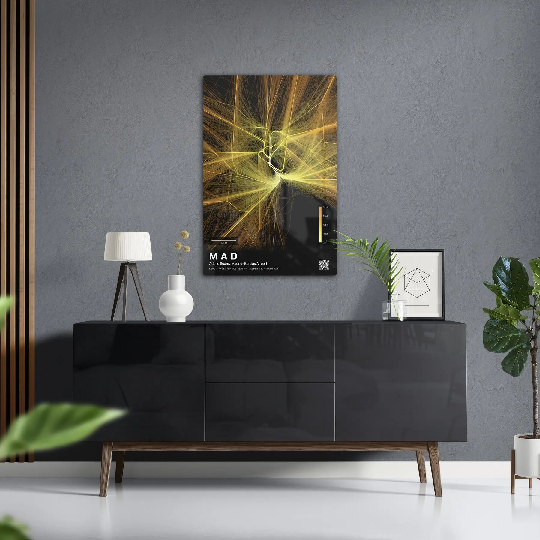 MAD flight path print — Solana theme · Dark in foyer setting [hotspot:50]