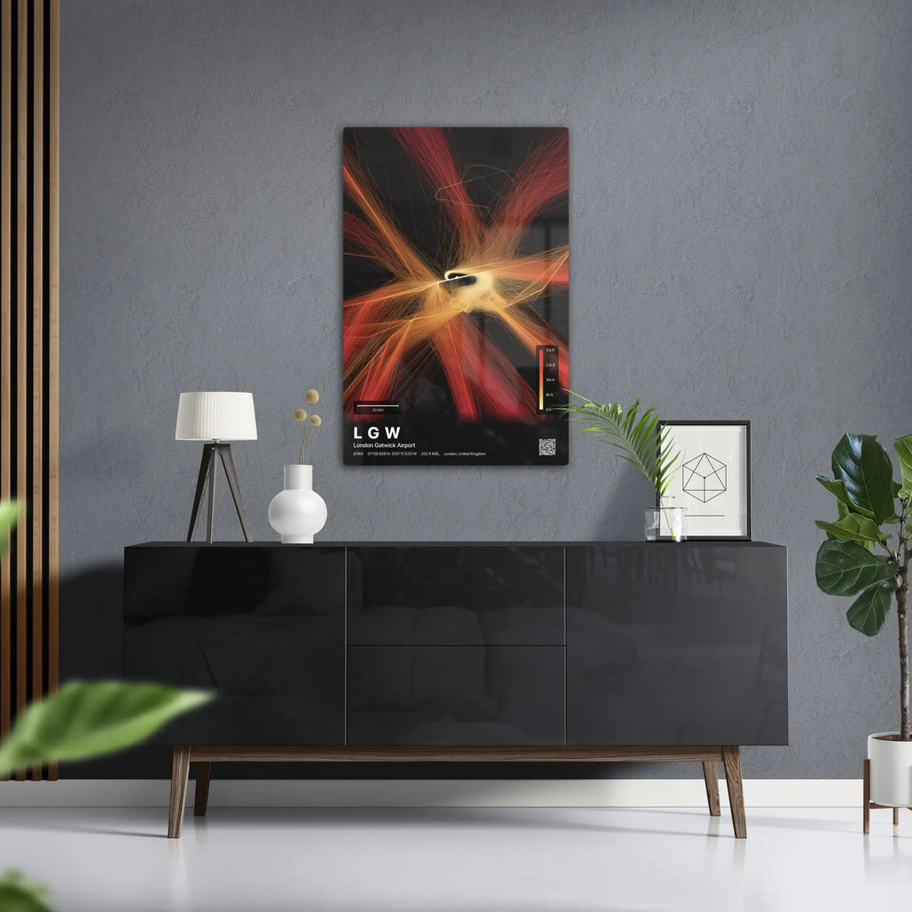 LGW flight path print — Inferno theme · Dark in foyer setting [hotspot:50]