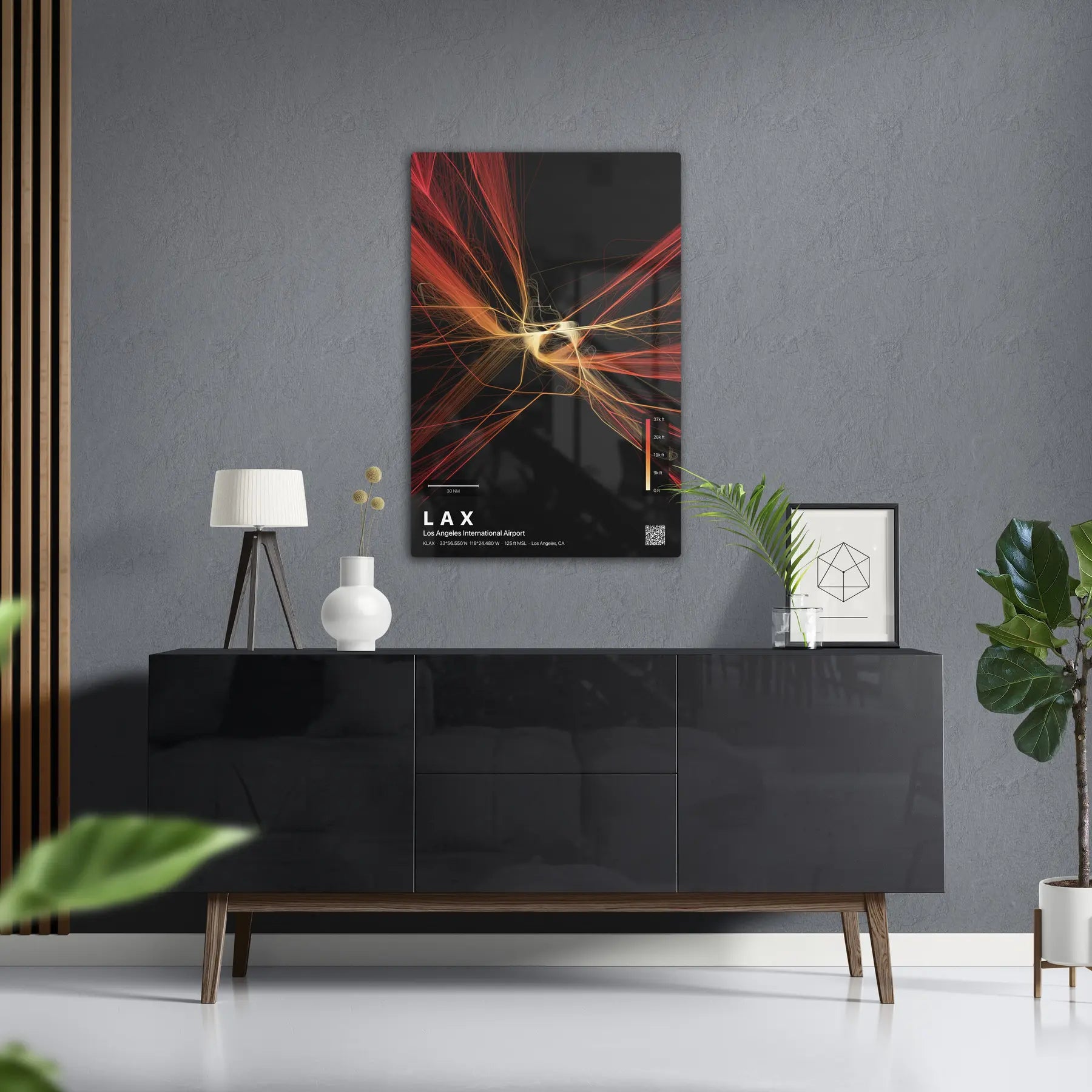 LAX flight path print — Inferno theme · Dark in foyer setting [hotspot:50]