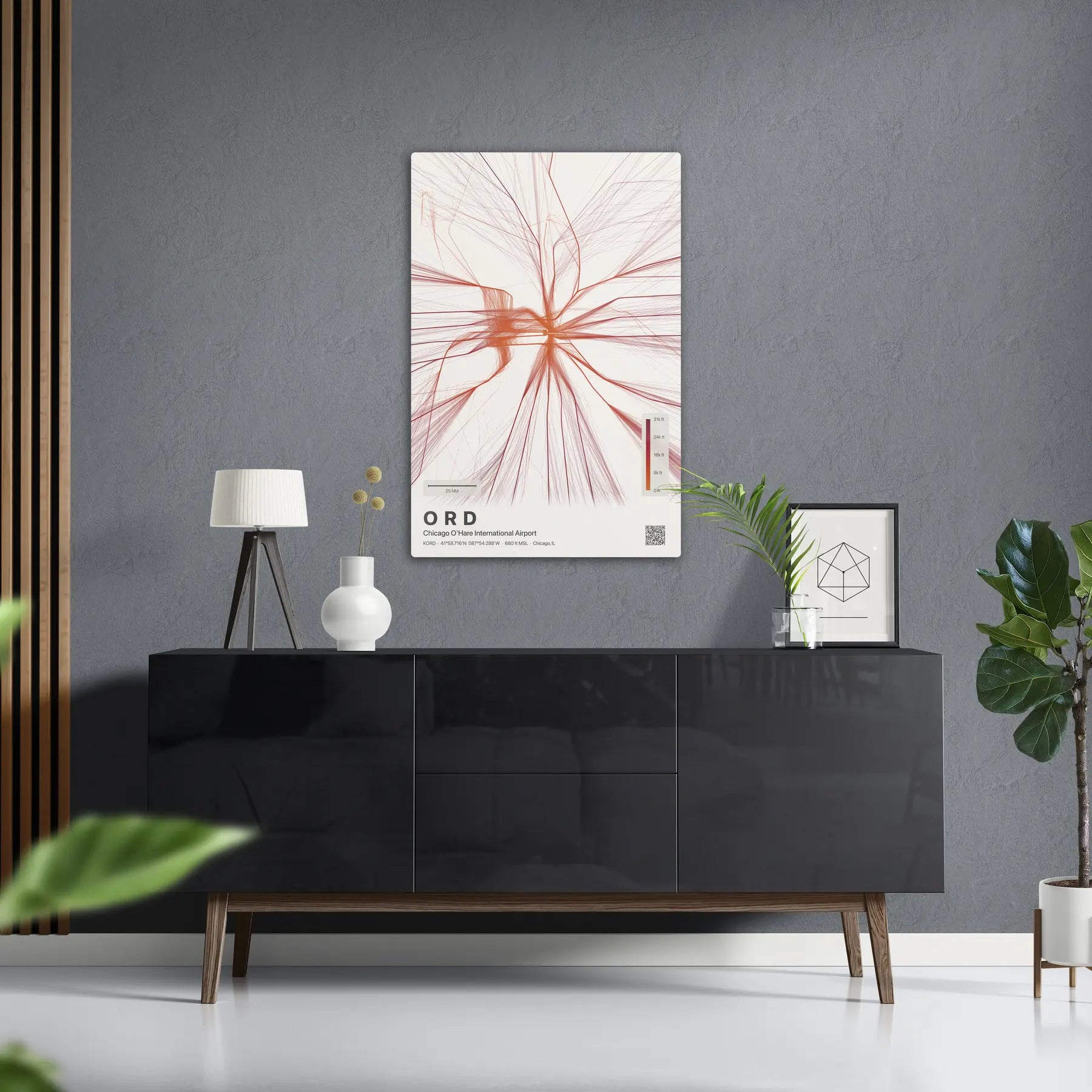 ORD flight path print — Inferno theme · Light in foyer setting [hotspot:50]