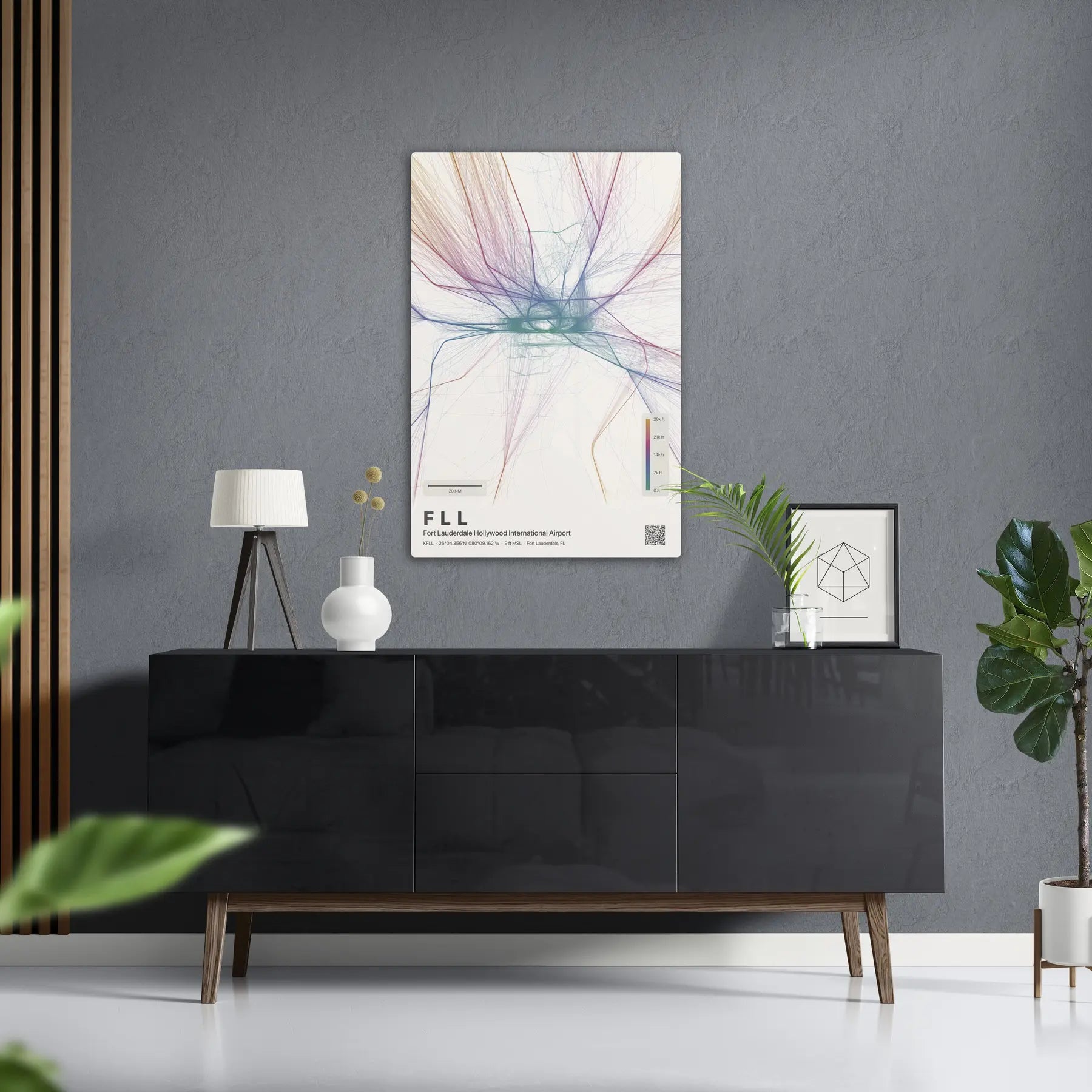 FLL flight path print — Aurora theme · Light in foyer setting [hotspot:50]
