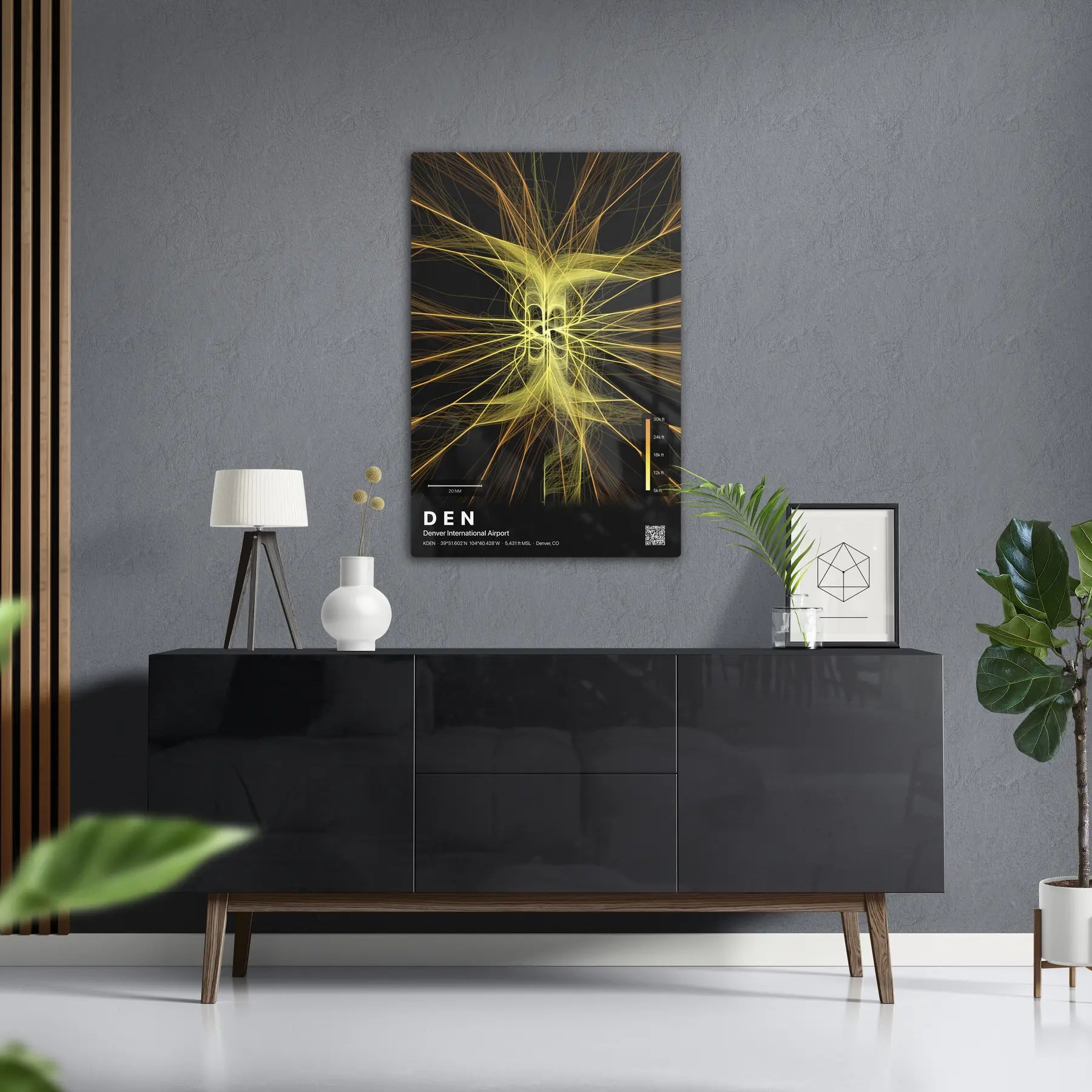 DEN flight path print — Solana theme · Dark in foyer setting [hotspot:50]