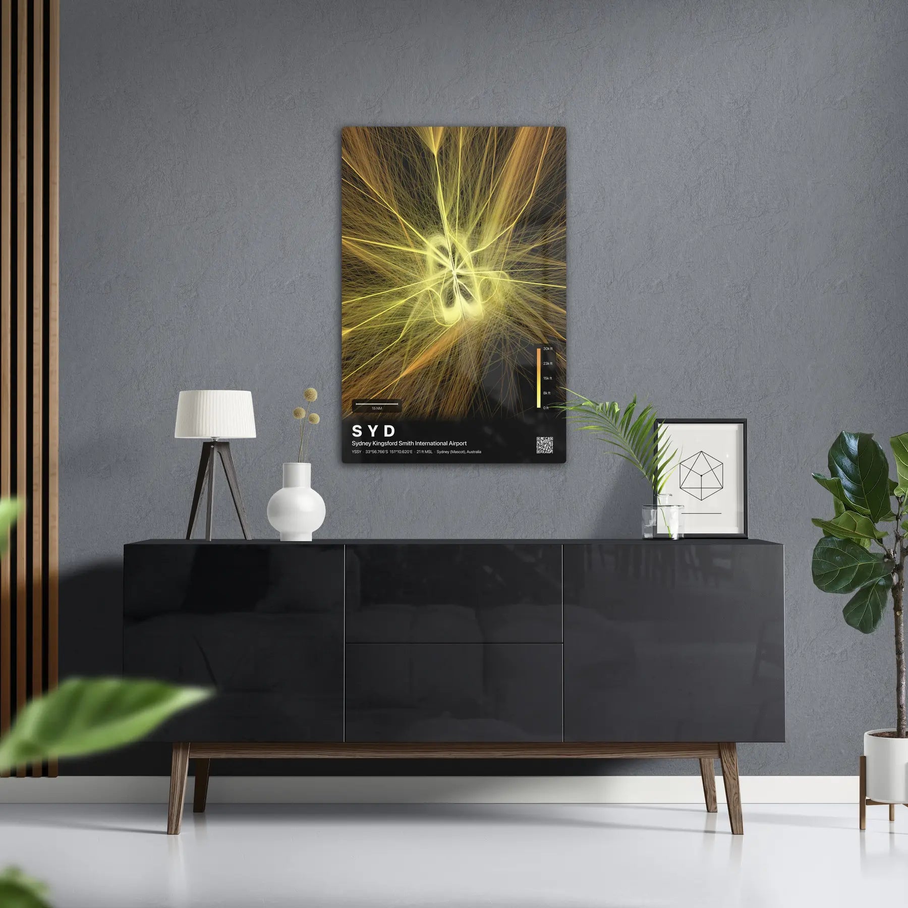 SYD flight path print — Solana theme · Dark in foyer setting [hotspot:50]