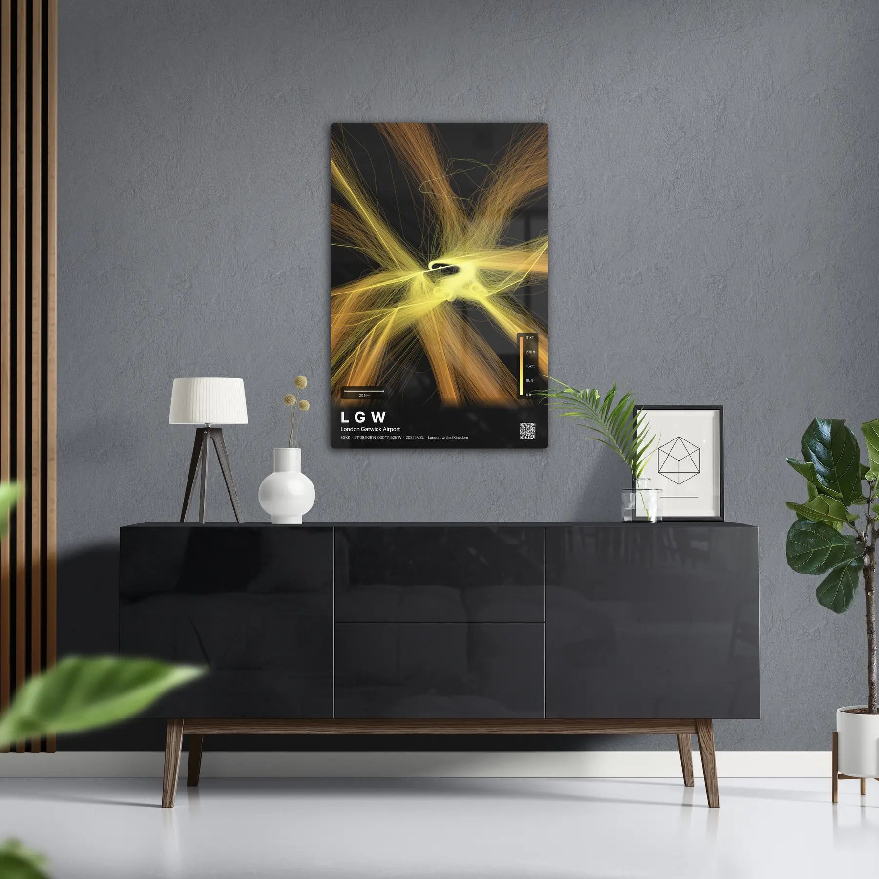 LGW flight path print — Solana theme · Dark in foyer setting [hotspot:50]