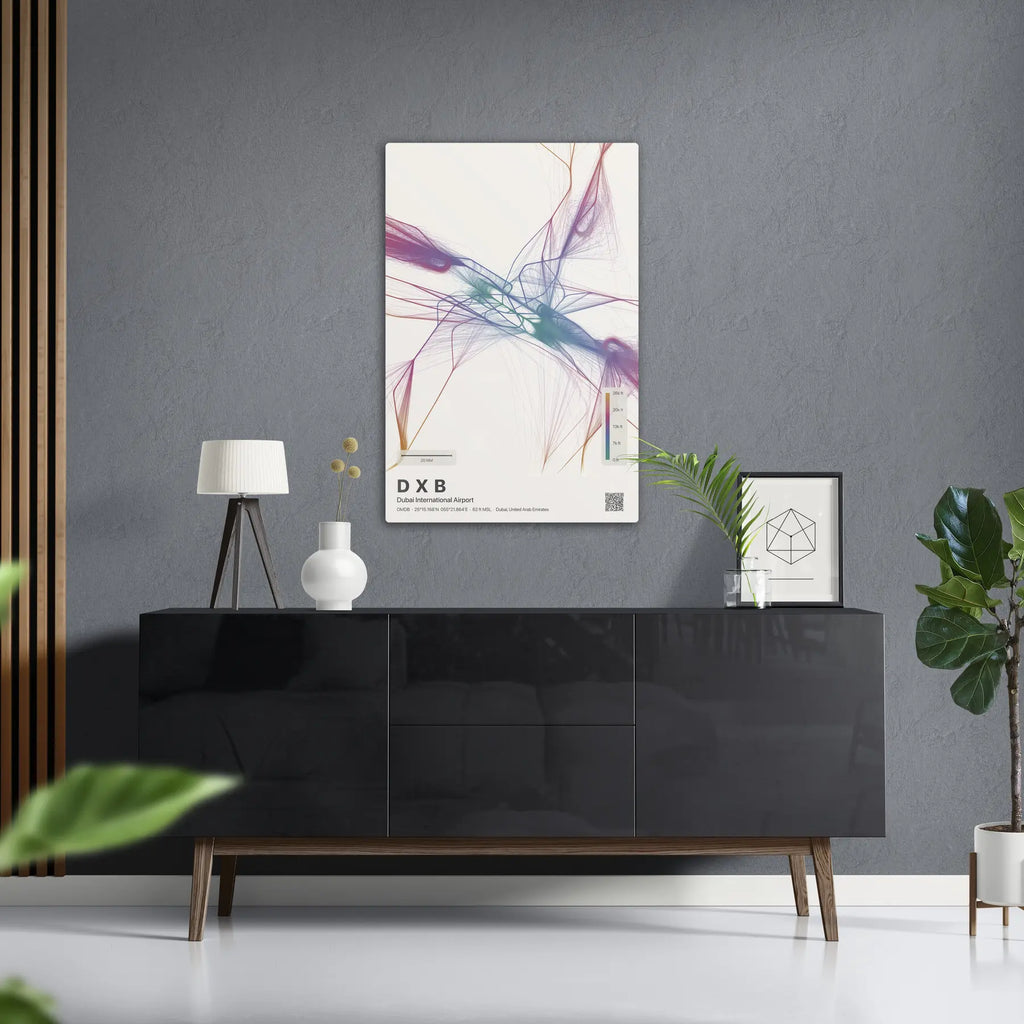 DXB flight path print — Aurora theme · Light in foyer setting [hotspot:50]