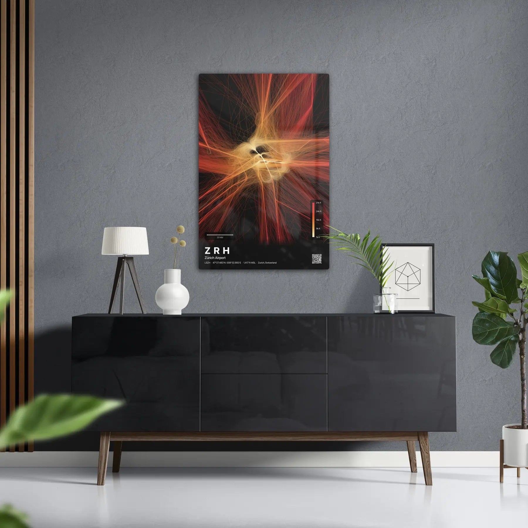 ZRH flight path print — Inferno theme · Dark in foyer setting [hotspot:50]