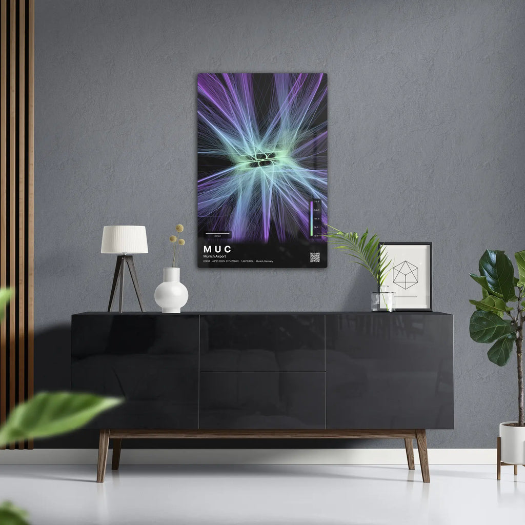 MUC flight path print — Prism theme · Dark in foyer setting [hotspot:50]