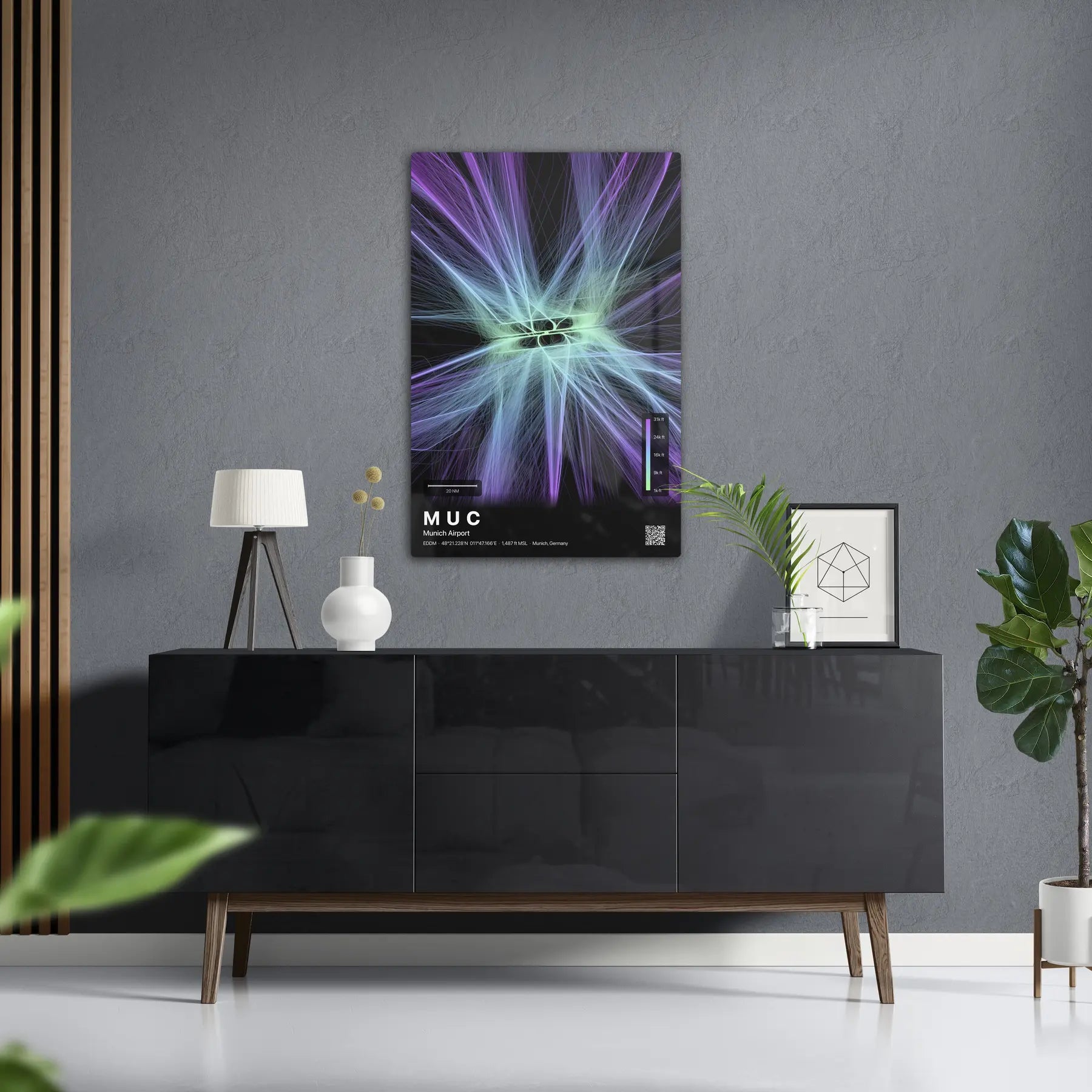 MUC flight path print — Prism theme · Dark in foyer setting [hotspot:50]