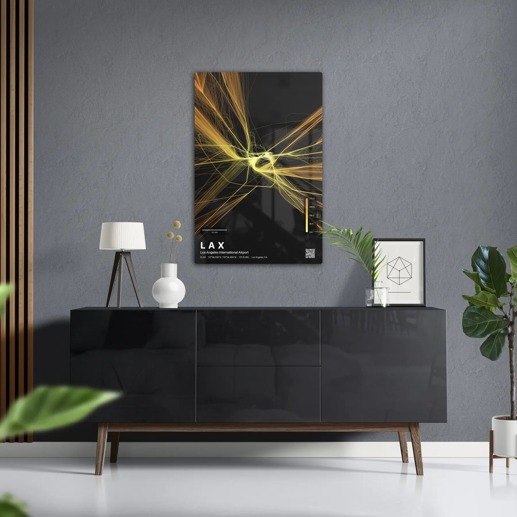 LAX flight path print — Solana theme · Dark in foyer setting [hotspot:50]