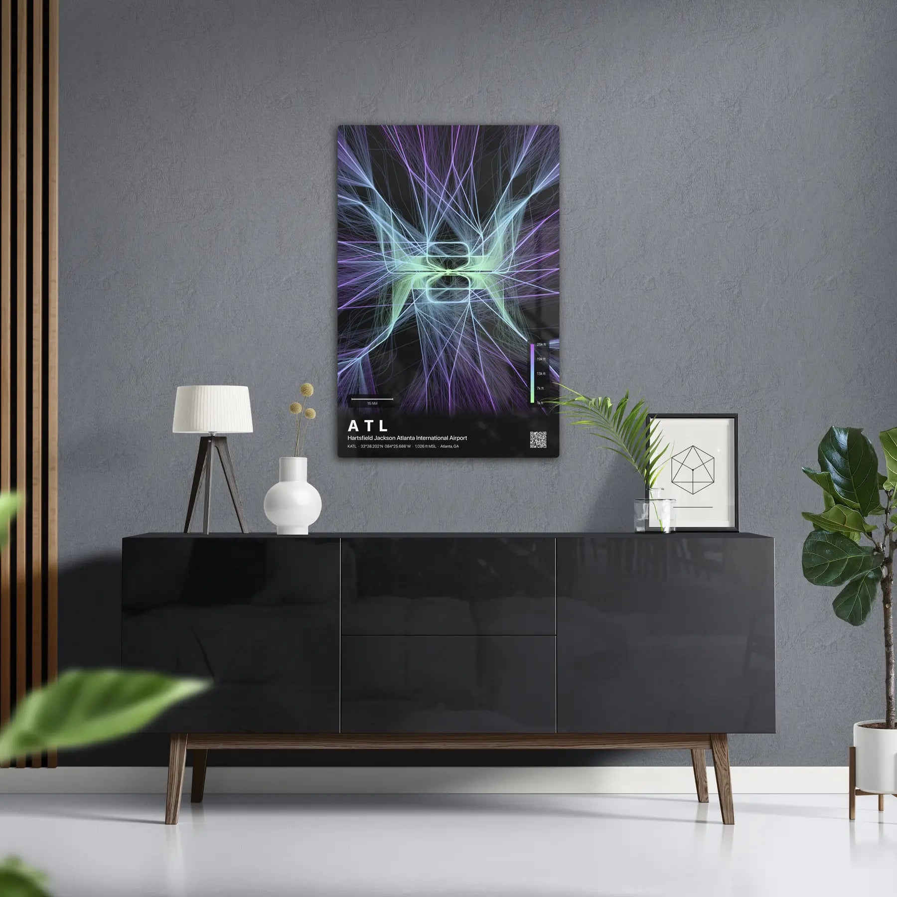ATL flight path print — Prism theme · Dark in foyer setting [hotspot:50]