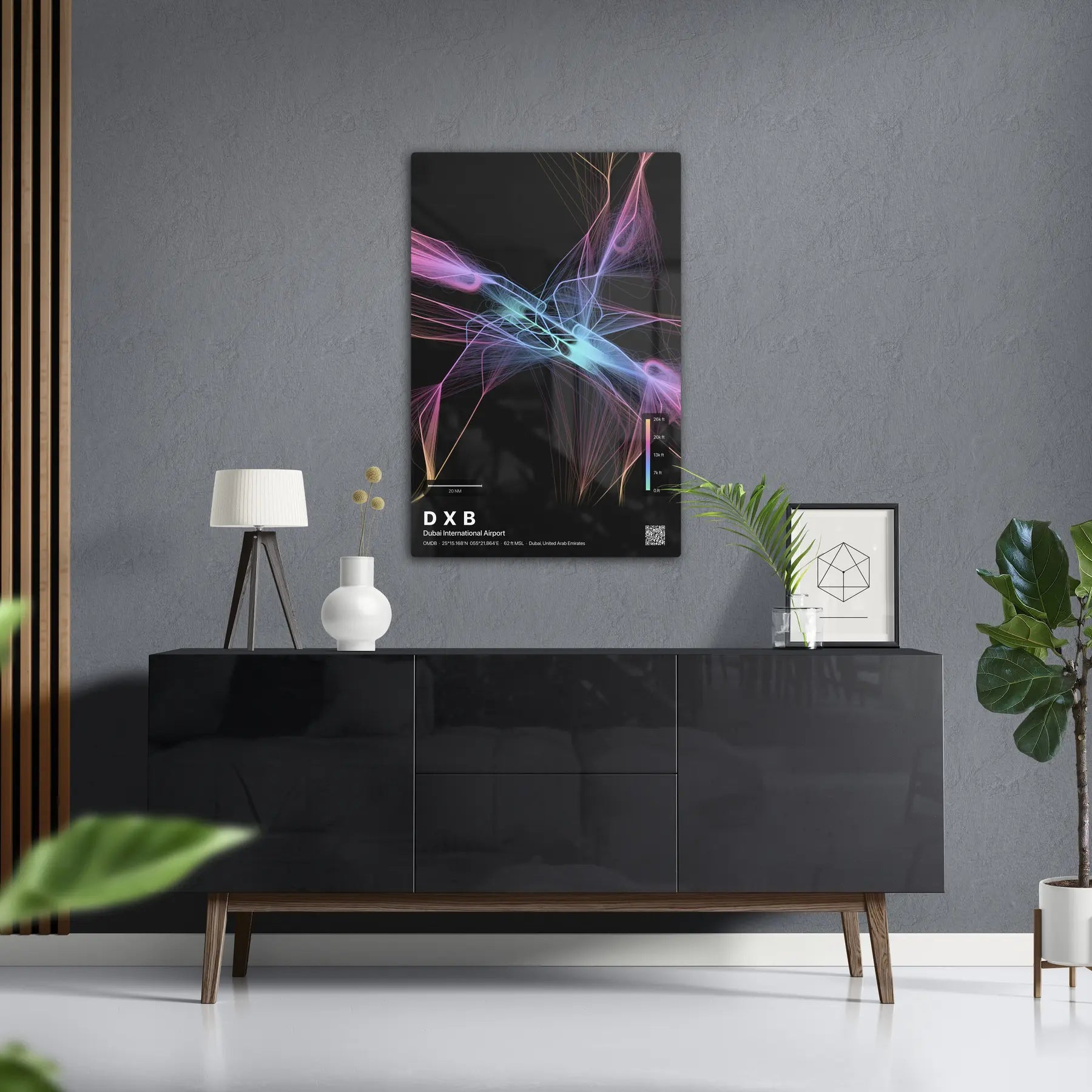 DXB flight path print — Aurora theme · Dark in foyer setting [hotspot:50]
