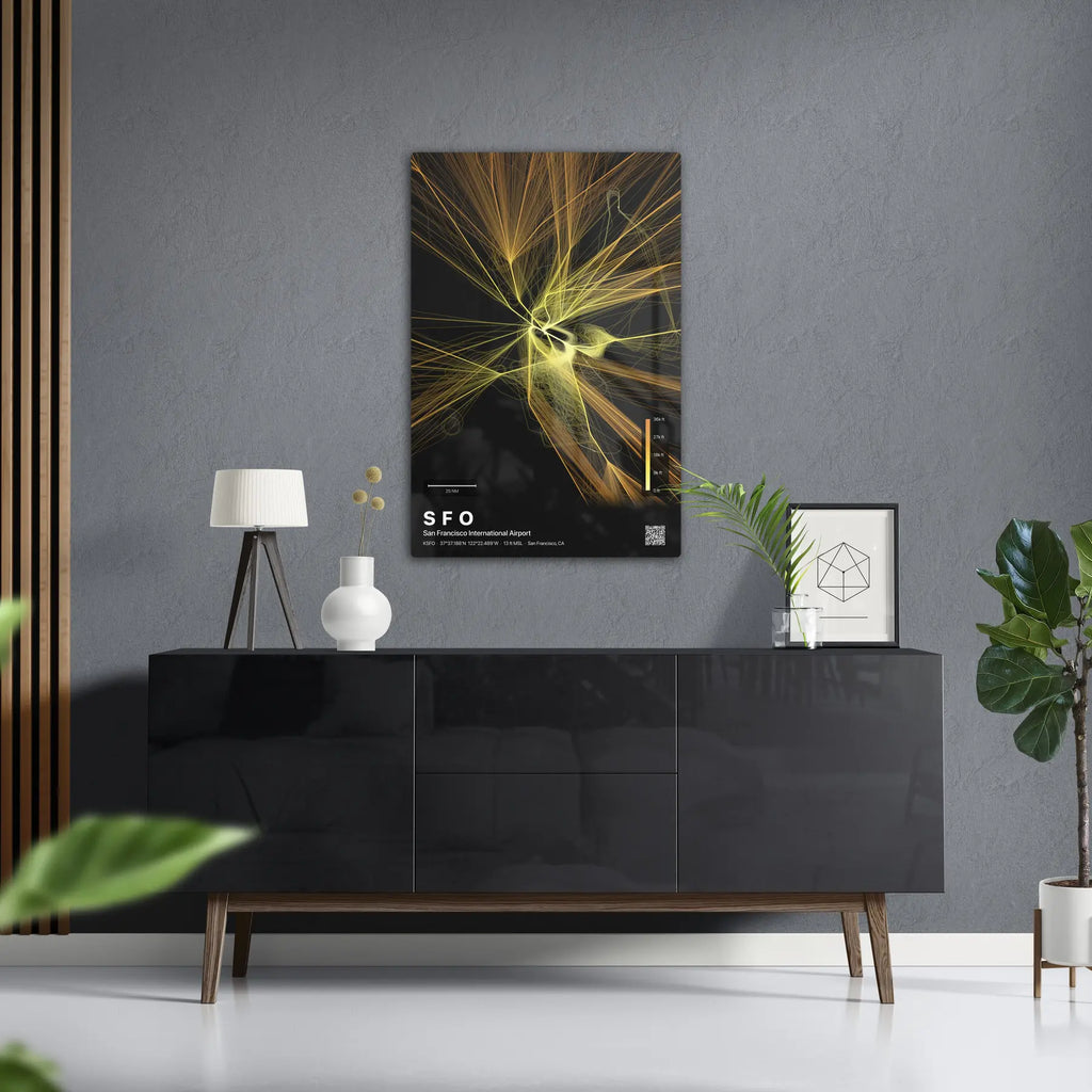 SFO flight path print — Solana theme · Dark in foyer setting [hotspot:50]