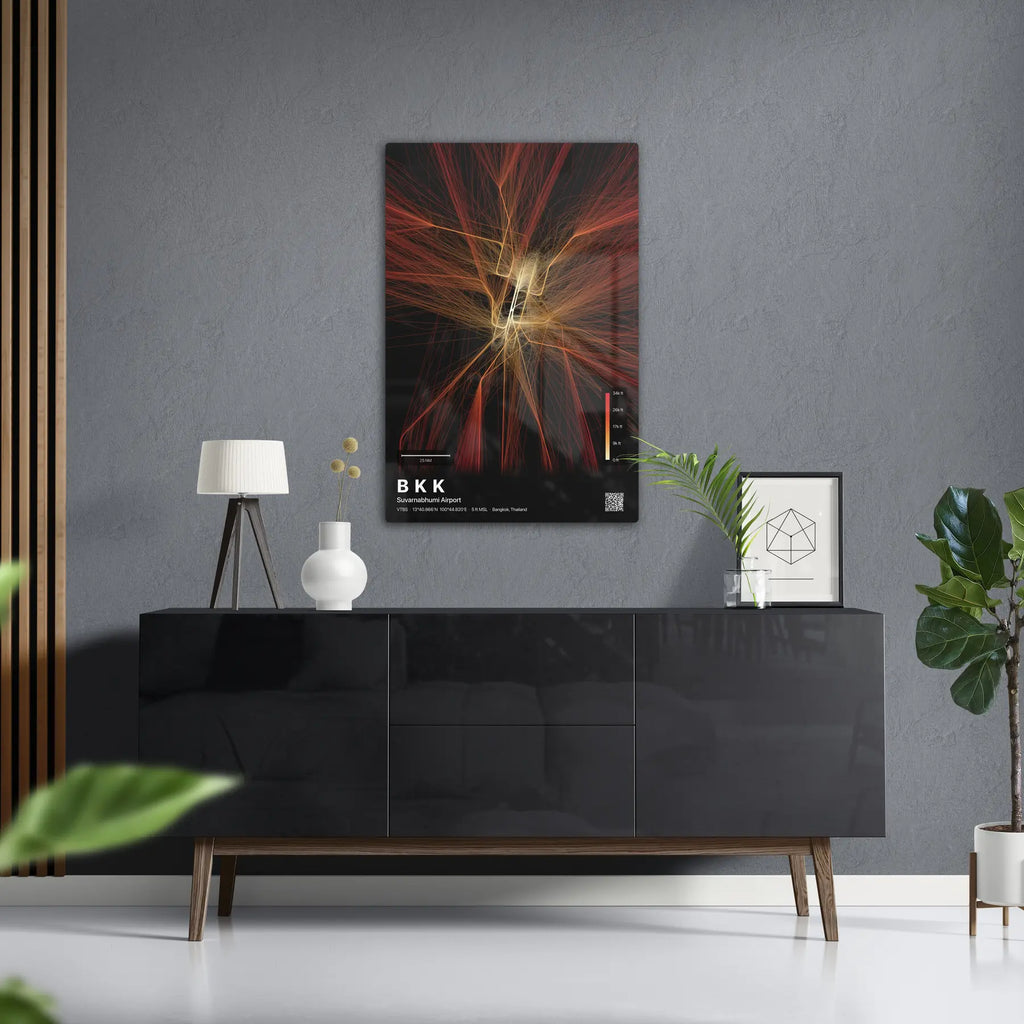 BKK flight path print — Inferno theme · Dark in foyer setting [hotspot:50]