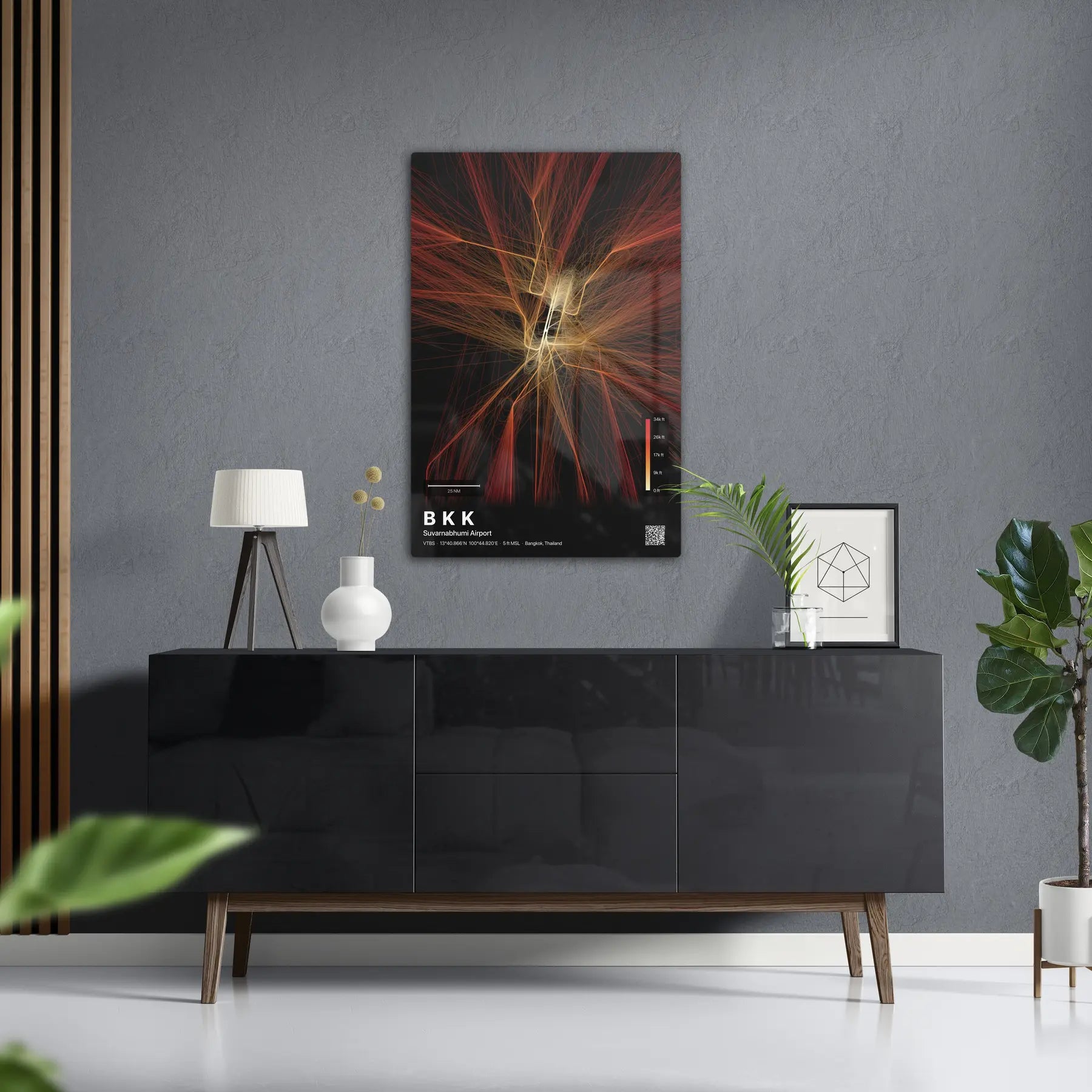 BKK flight path print — Inferno theme · Dark in foyer setting [hotspot:50]