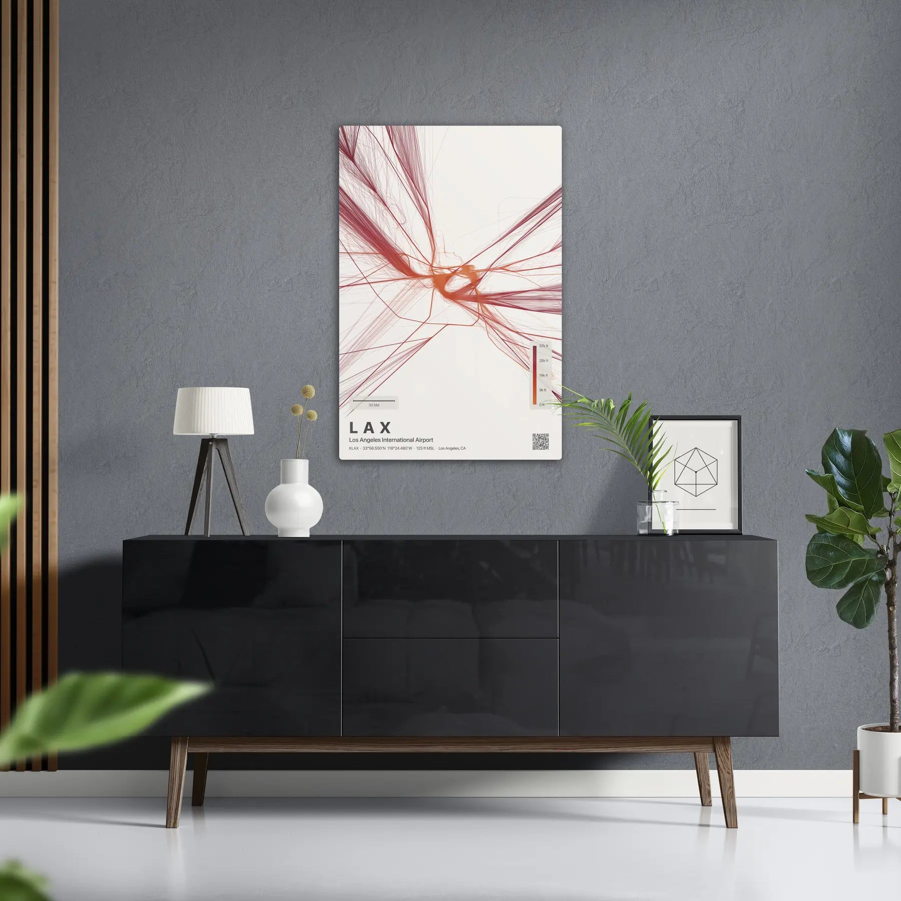 LAX flight path print — Inferno theme · Light in foyer setting [hotspot:50]