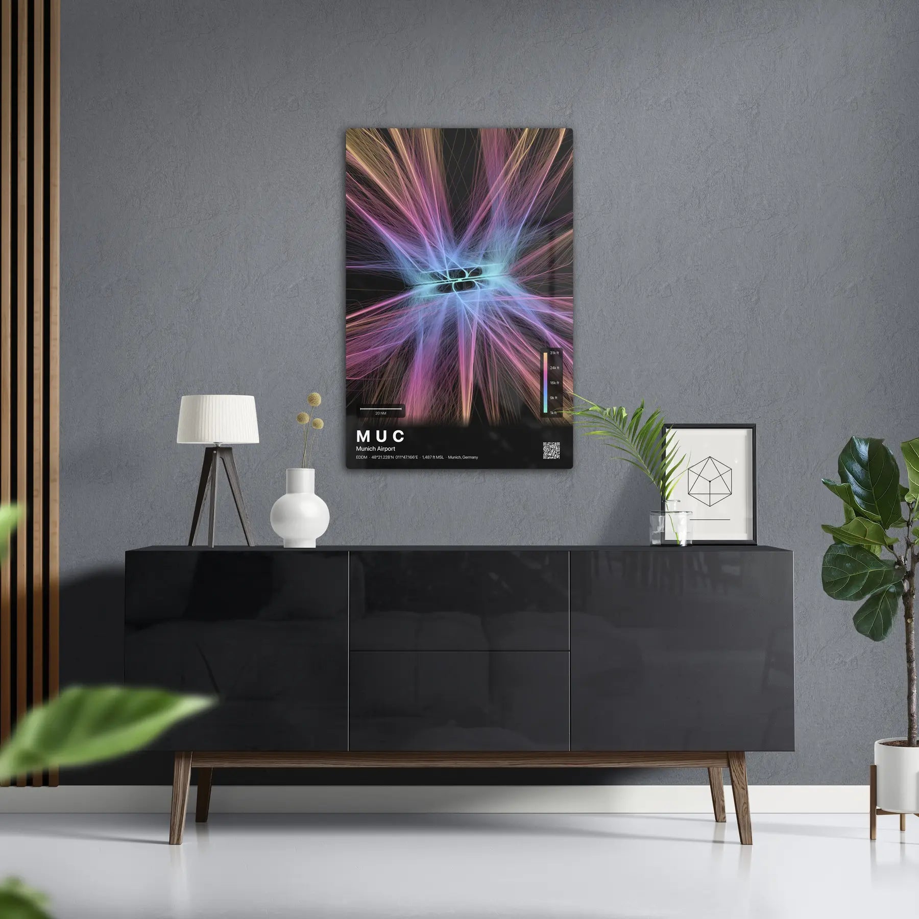 MUC flight path print — Aurora theme · Dark in foyer setting [hotspot:50]