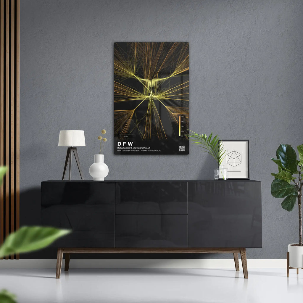 DFW flight path print — Solana theme · Dark in foyer setting [hotspot:50]