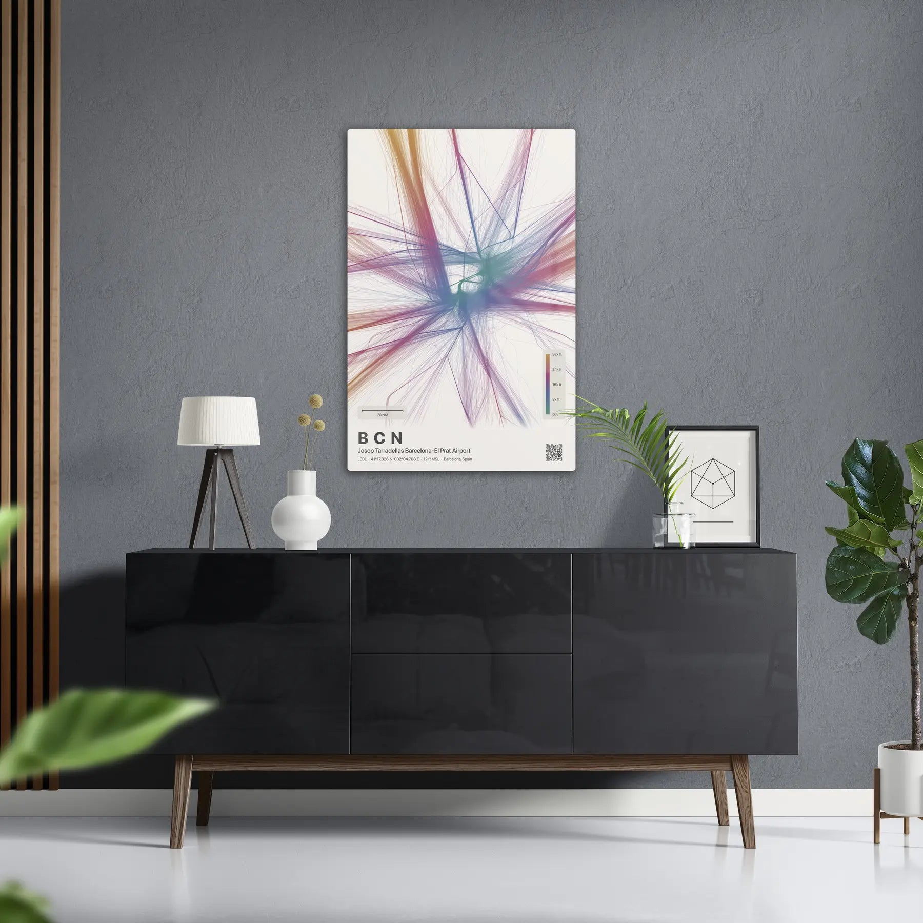 BCN flight path print — Aurora theme · Light in foyer setting [hotspot:50]
