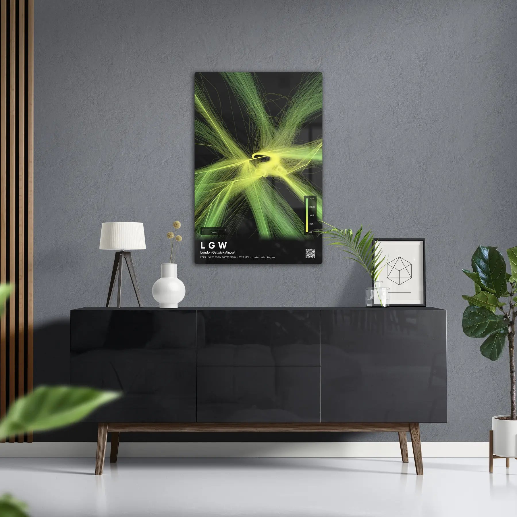 LGW flight path print — Citrus theme · Dark in foyer setting [hotspot:50]