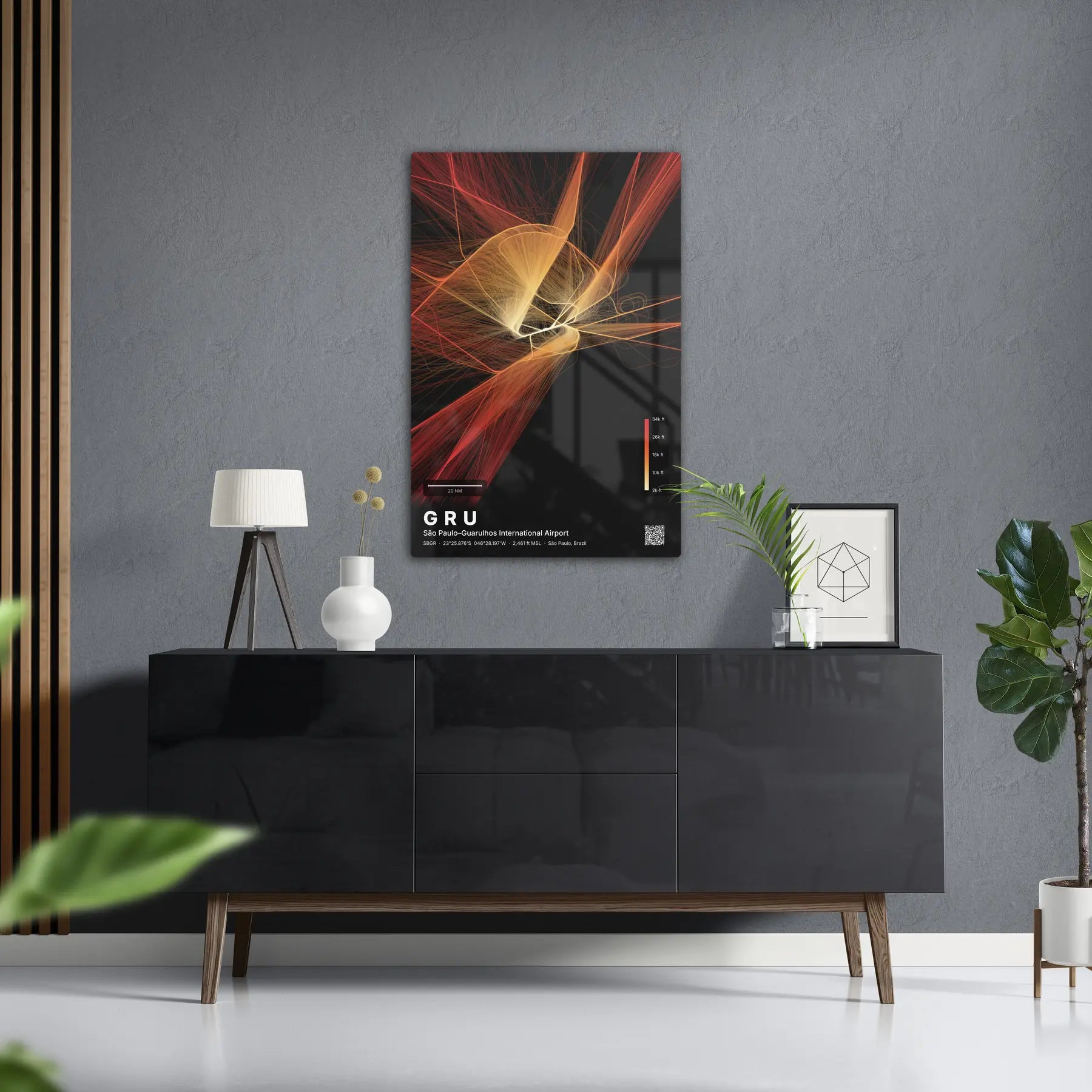 GRU flight path print — Inferno theme · Dark in foyer setting [hotspot:50]