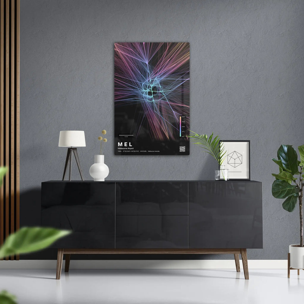 MEL flight path print — Aurora theme · Dark in foyer setting [hotspot:50]