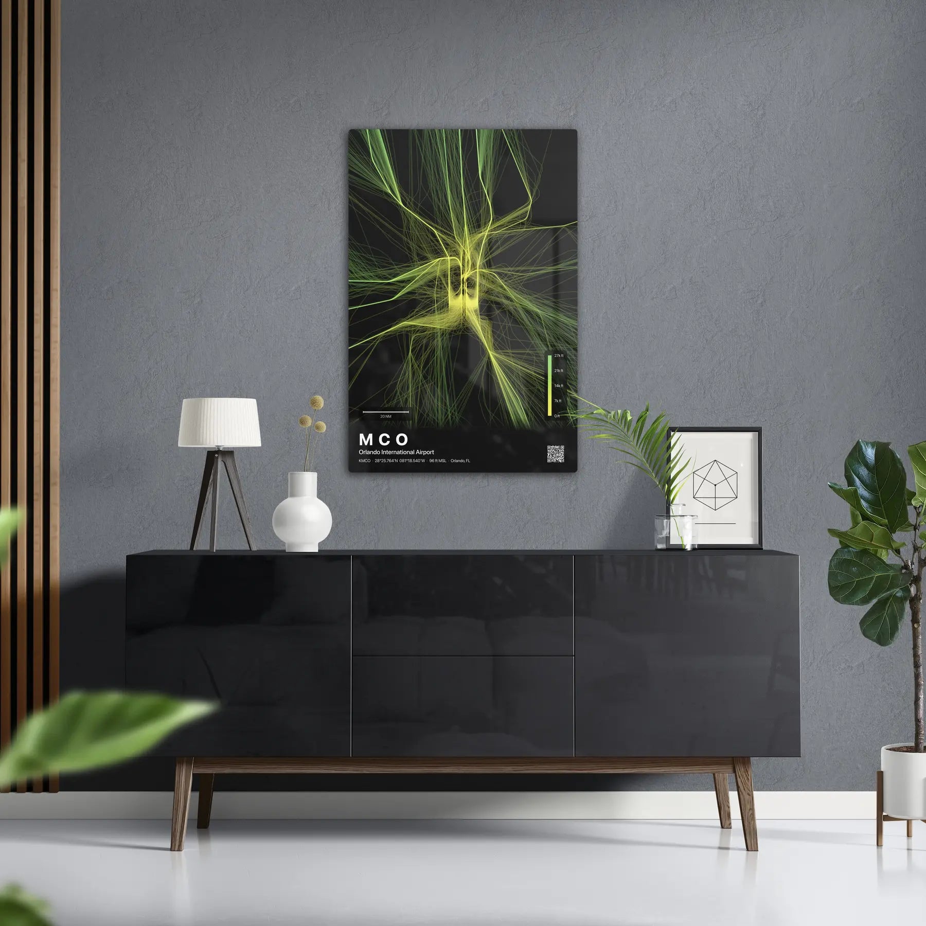 MCO flight path print — Citrus theme · Dark in foyer setting [hotspot:50]