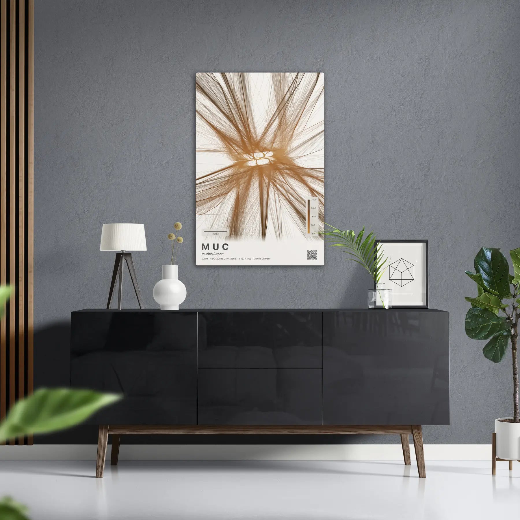 MUC flight path print — Solana theme · Light in foyer setting [hotspot:50]