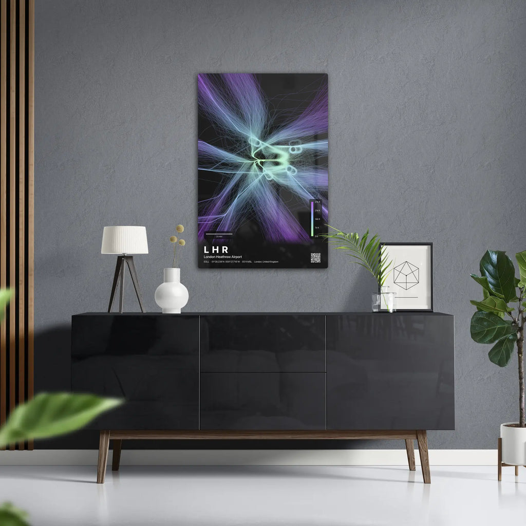 LHR flight path print — Prism theme · Dark in foyer setting [hotspot:50]